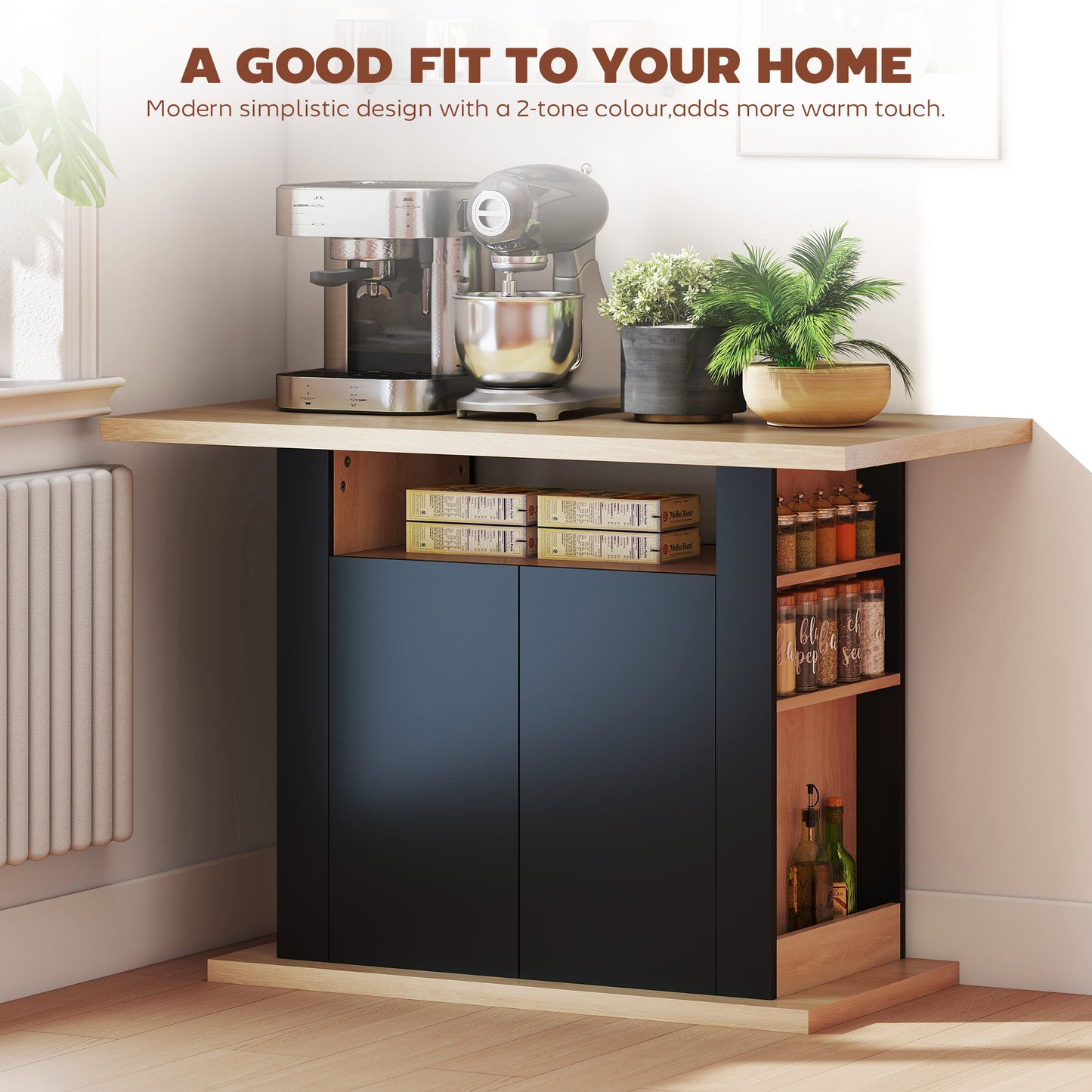 HOMCOM Kitchen Island With Spice Rack And Storage, Large Tabletop For 4 People, Adjustable Shelves, Black And Natural
