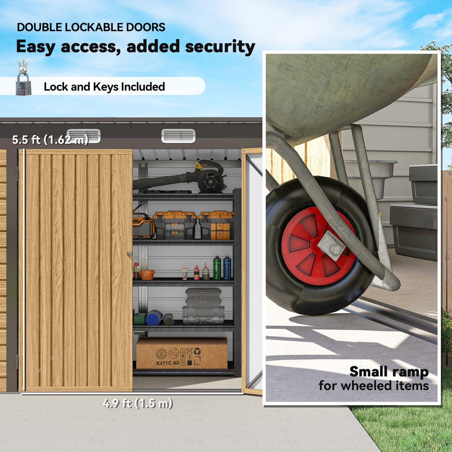 Outsunny 3.7 By 7.9 Ft Galvanised Steel Shed With Latched Door And Padlock Oak Finish