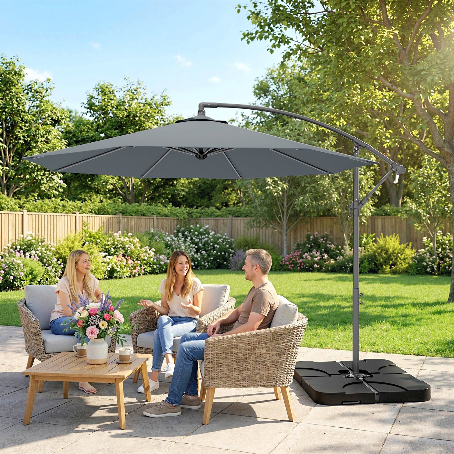 Outsunny 3m Overhanging Cantilever Parasol With Base Weights And Cover In Dark Grey