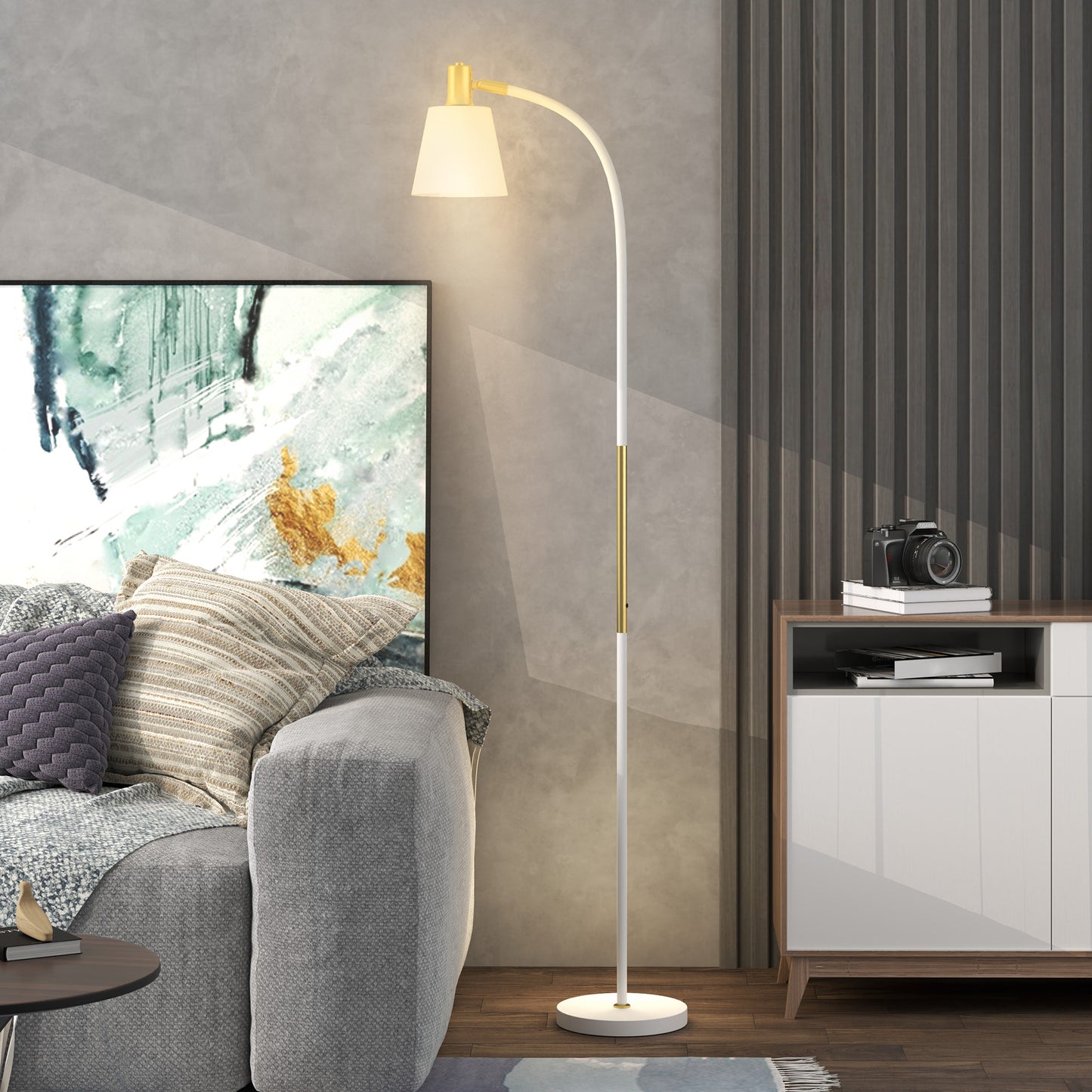 HOMCOM Adjustable Floor Lamp For Living Room With Reading Spotlight Max Height 160 Cm White Gold Finish E27 LED