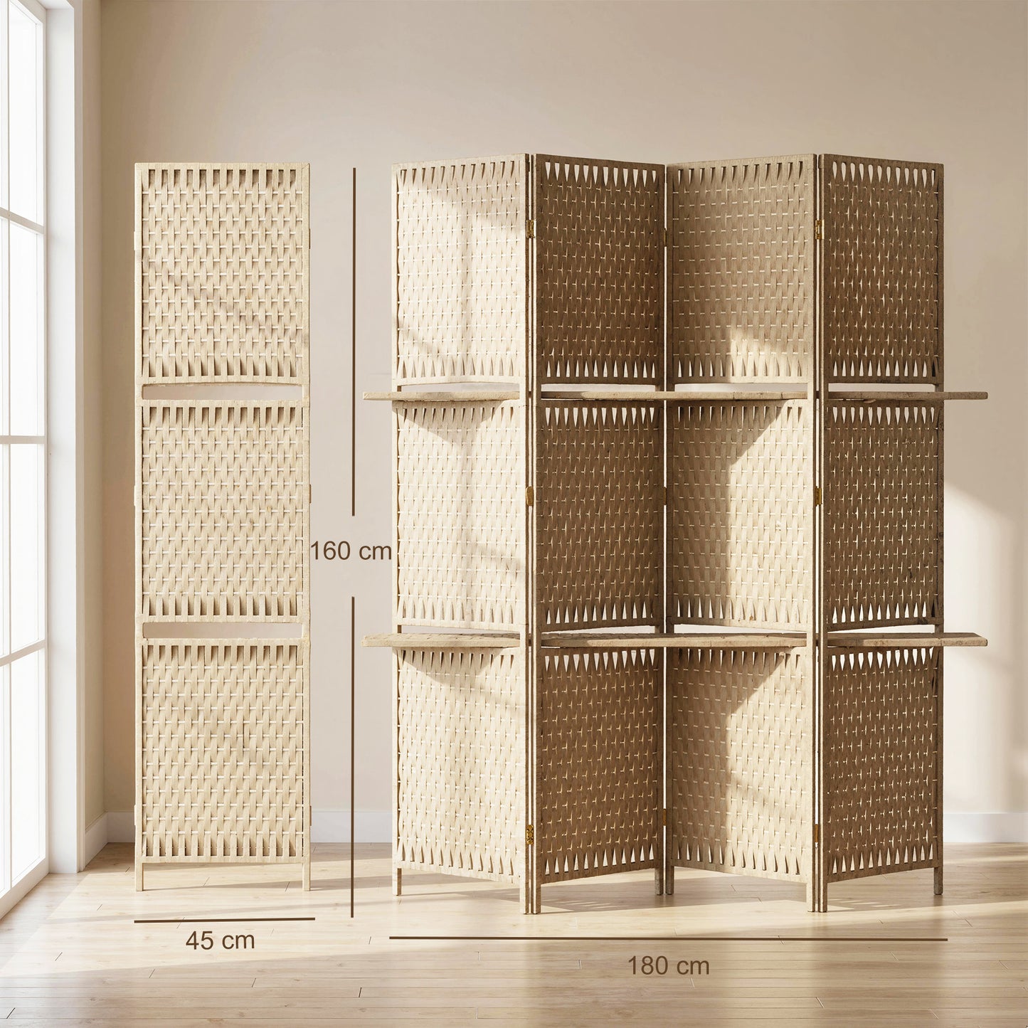 HOMCOM Wave Fibre Freestanding Folding Privacy Screen Panels Room Divider With Shelves Natural Wood Finish