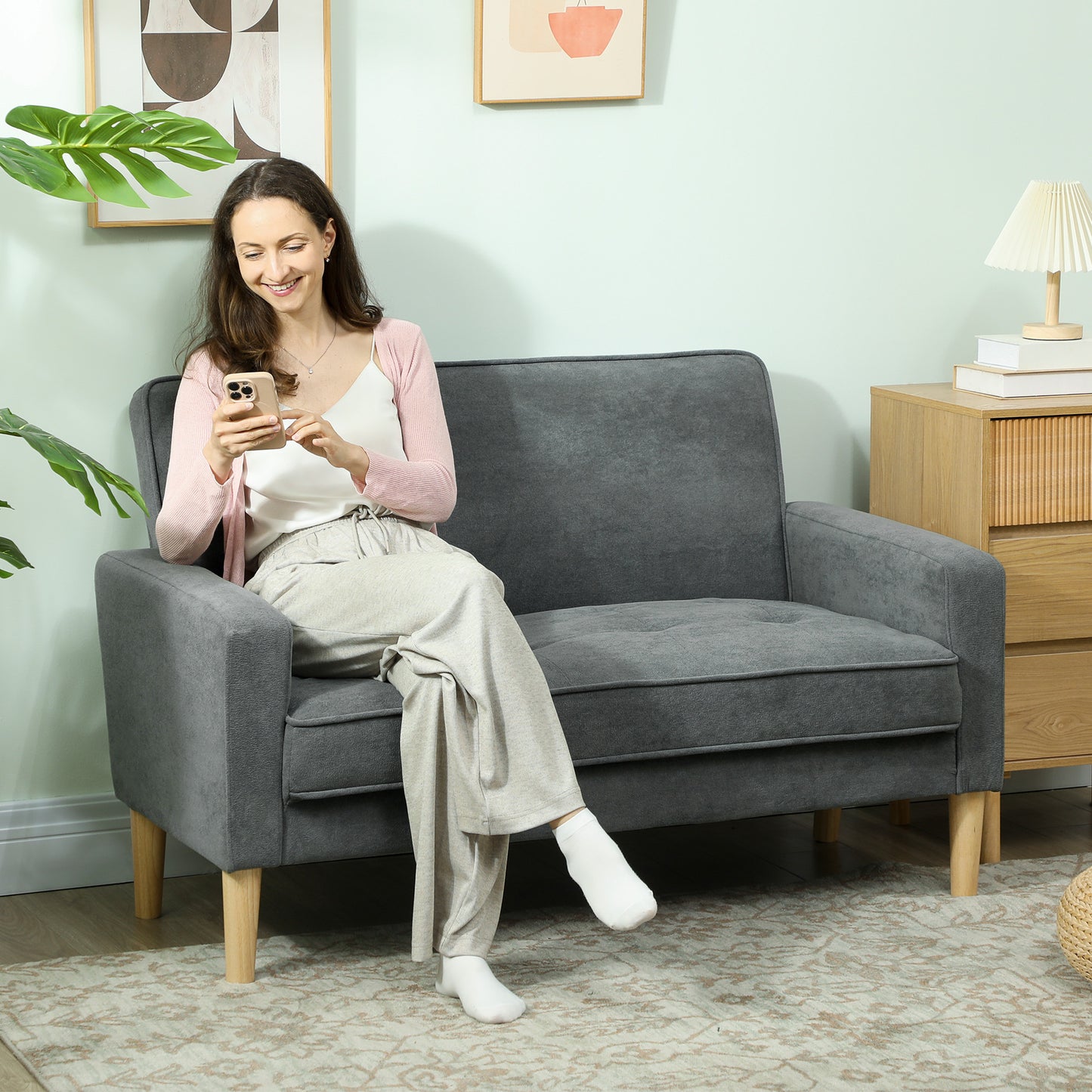 HOMCOM Two-Seater Velvet-Feel Sofa With S Springs Wooden Legs And Anti-Slip Feet Grey Upholstery