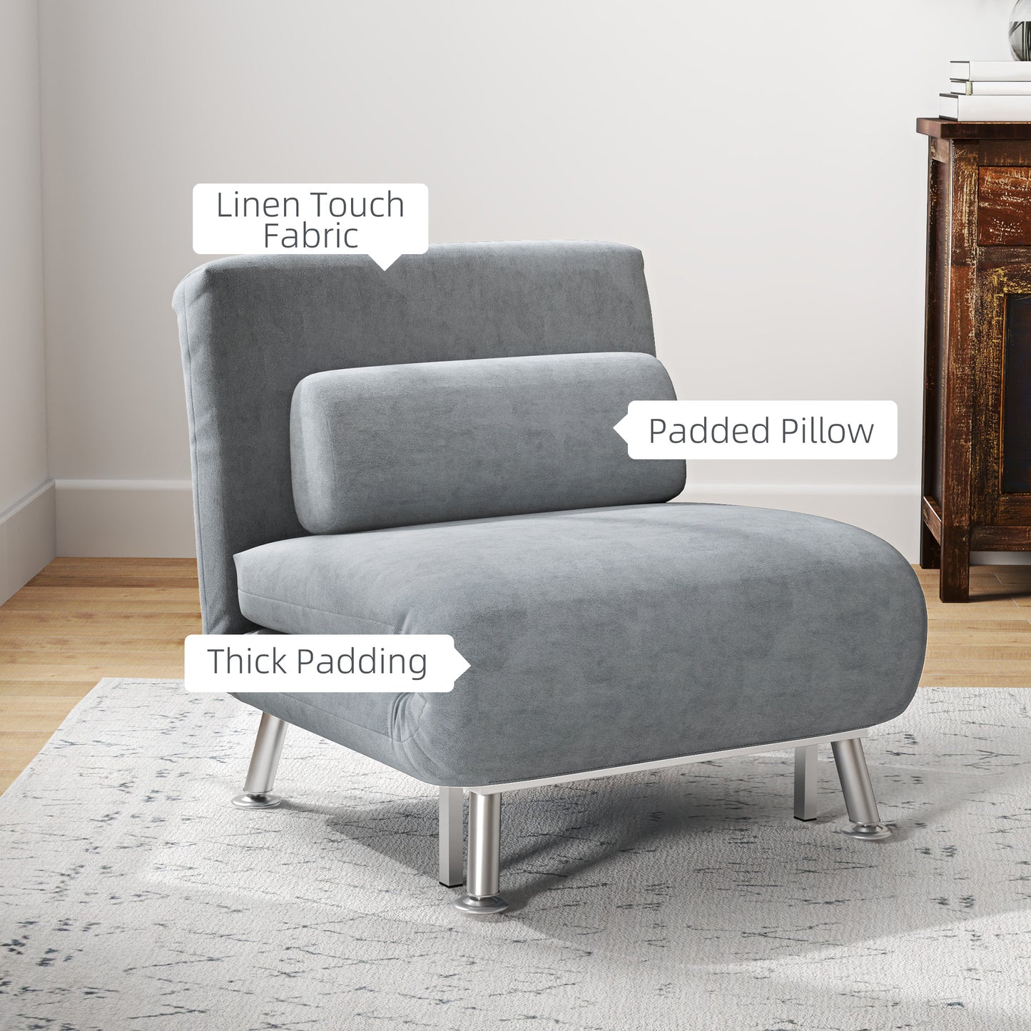 HOMCOM Velvet Feel Sleeper Chair Grey 3 In 1 Chair To Chaise And Sleeper Bed With Adjustable Backrest 90 To 180 Degrees