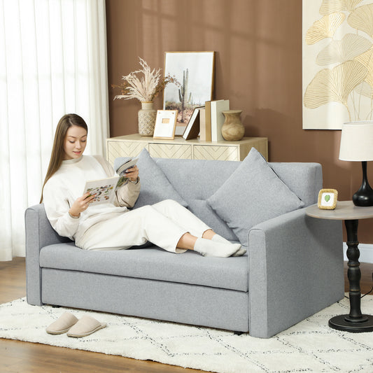 HOMCOM 2 Seater Sofa Bed With Hidden Storage And Pull Out Convertible Bed Settee In Modern Linen Light Grey