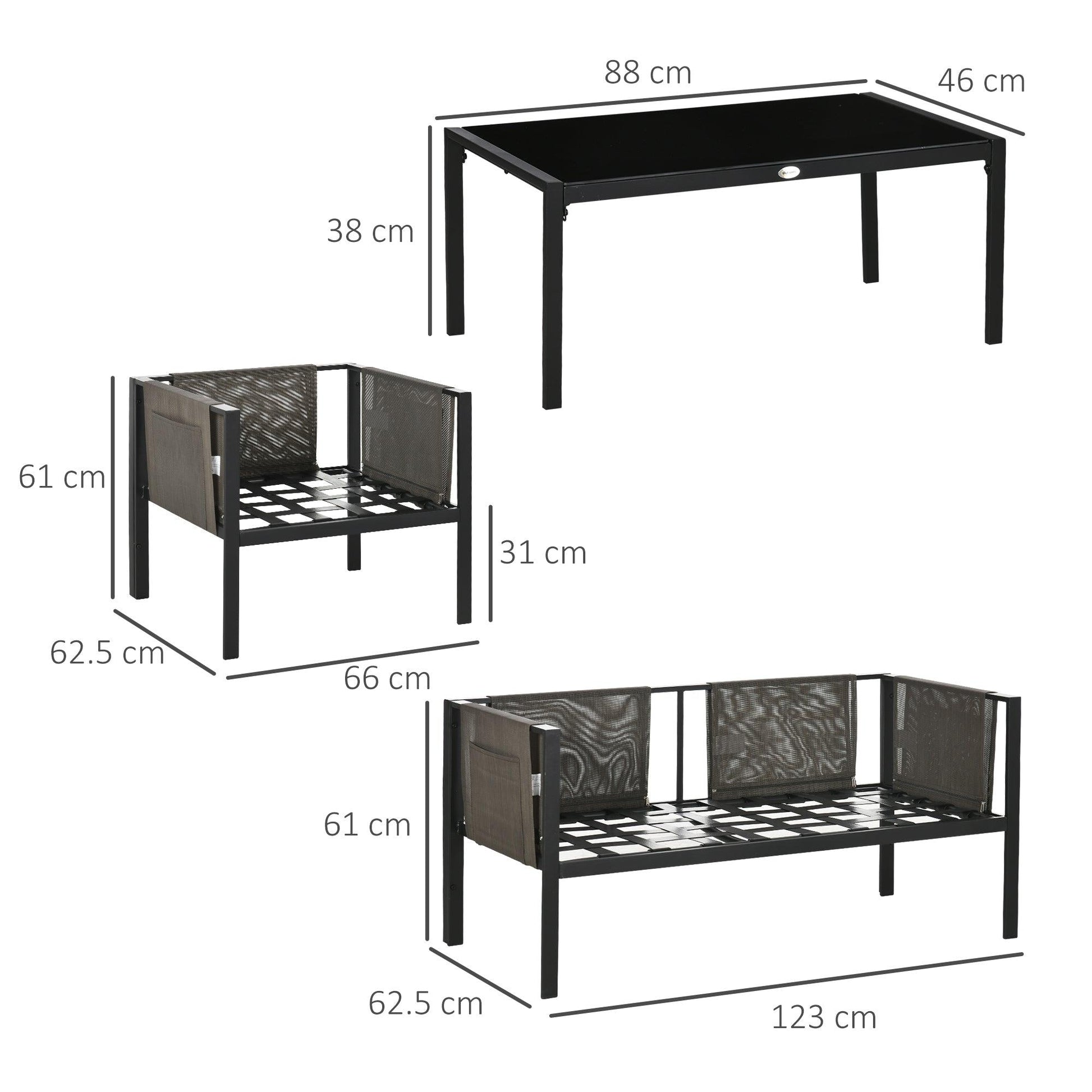 Outsunny 4 Piece Garden Sofa Set w/ Tempered Glass Coffee Table Padded Cushions - ALL4U RETAILER LTD