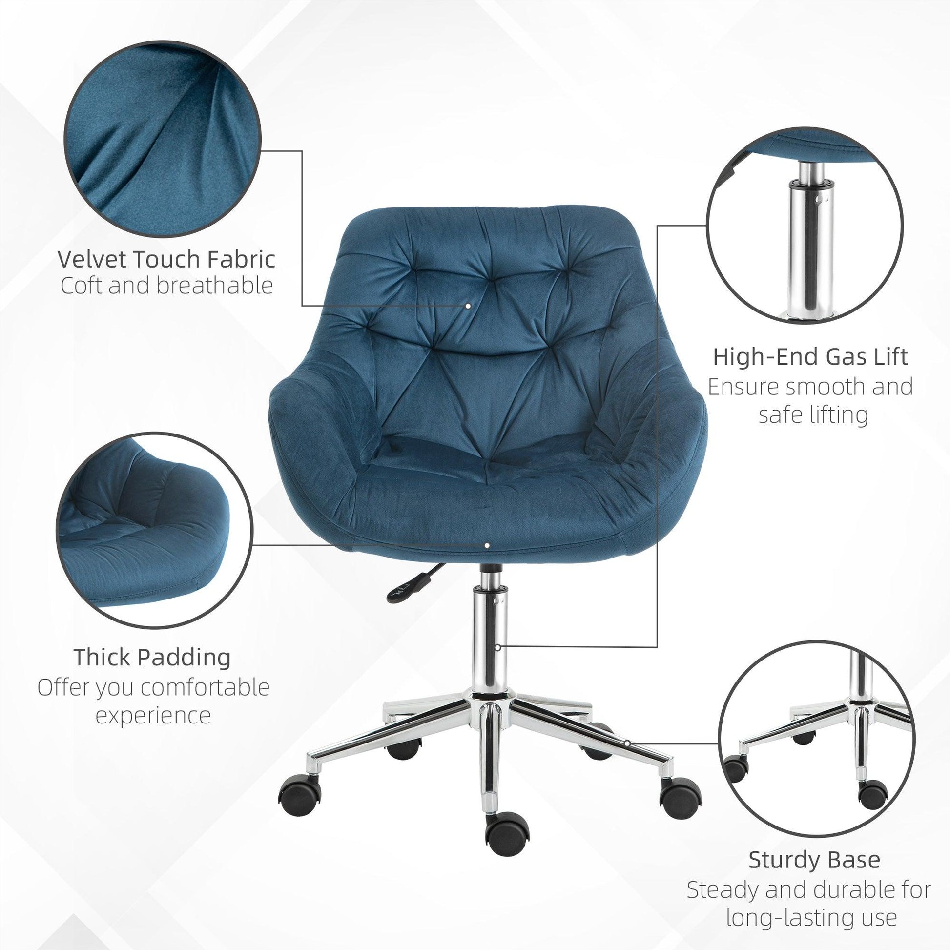 Vinsetto Velvet Ergonomic Office Chair with Adjustable Support, Blue - ALL4U RETAILER LTD