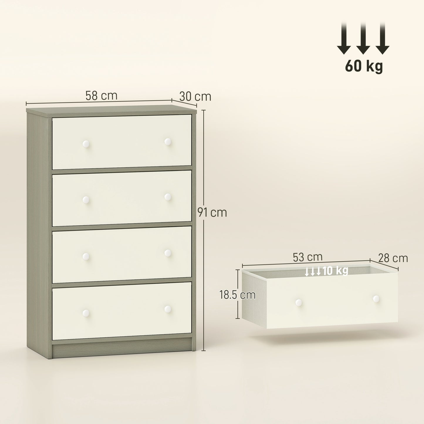 HOMCOM Chest Of Drawers Dresser With Four Fabric Drawers White And Grey Wood Effect MDF Steel Frame