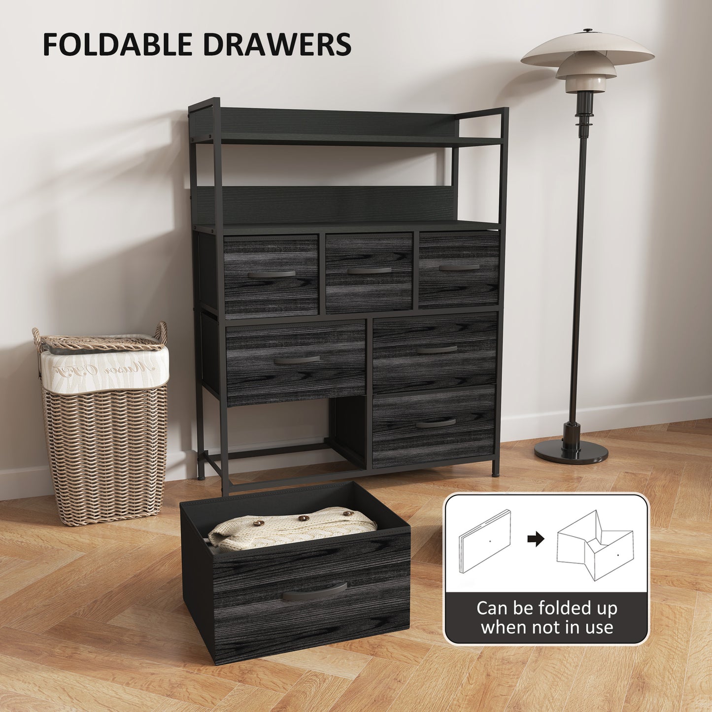 HOMCOM Rustic Chest of Seven Fabric Drawers in Black for Bedroom Storage Solutions