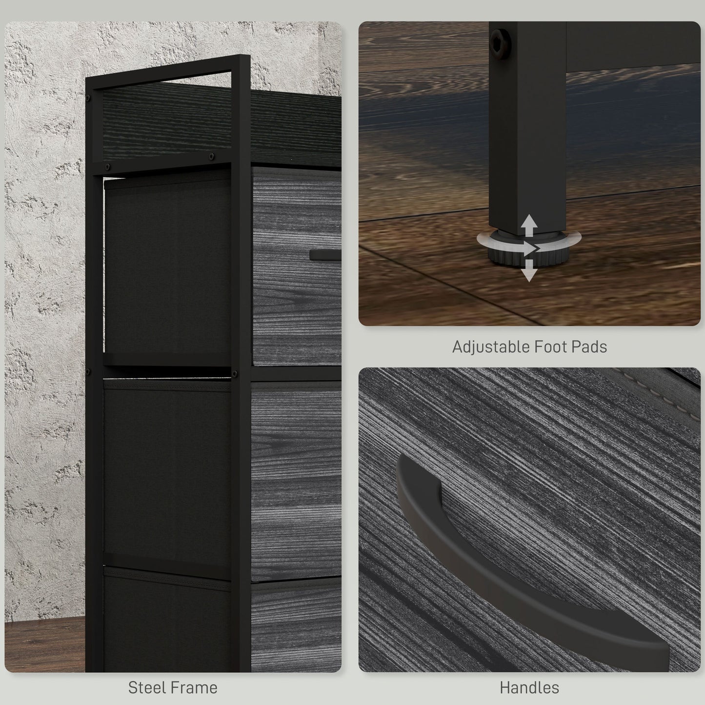 HOMCOM Rustic Chest of Four Fabric Drawers in Black for Bedroom Storage and Organizing Clothes
