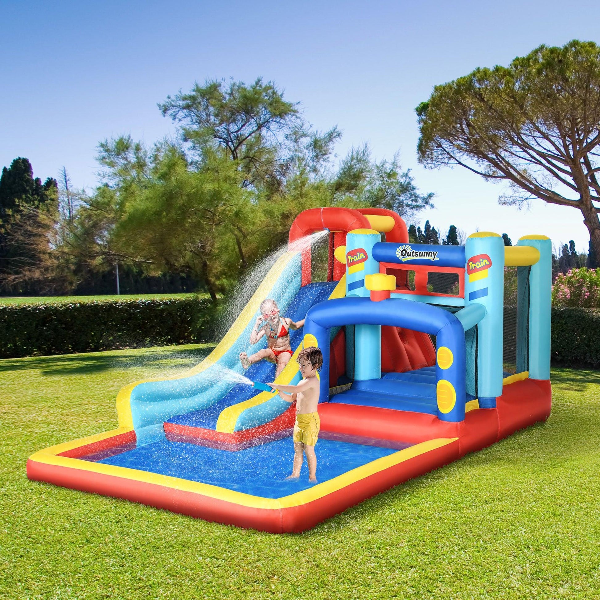 Outsunny 4 in 1 Kids Bouncy Castle W/ Slide Pool Trampoline Climbing Wall Blower - ALL4U RETAILER LTD