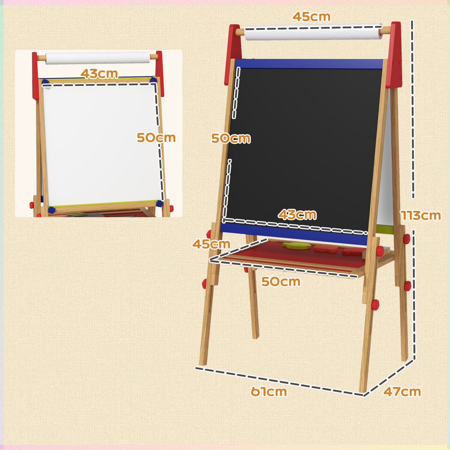 AIYAPLAY 3 In 1 Wooden Kids Easel With Paper Roll Double Sided Whiteboard And Chalkboard Adjustable Height 95 110 cm