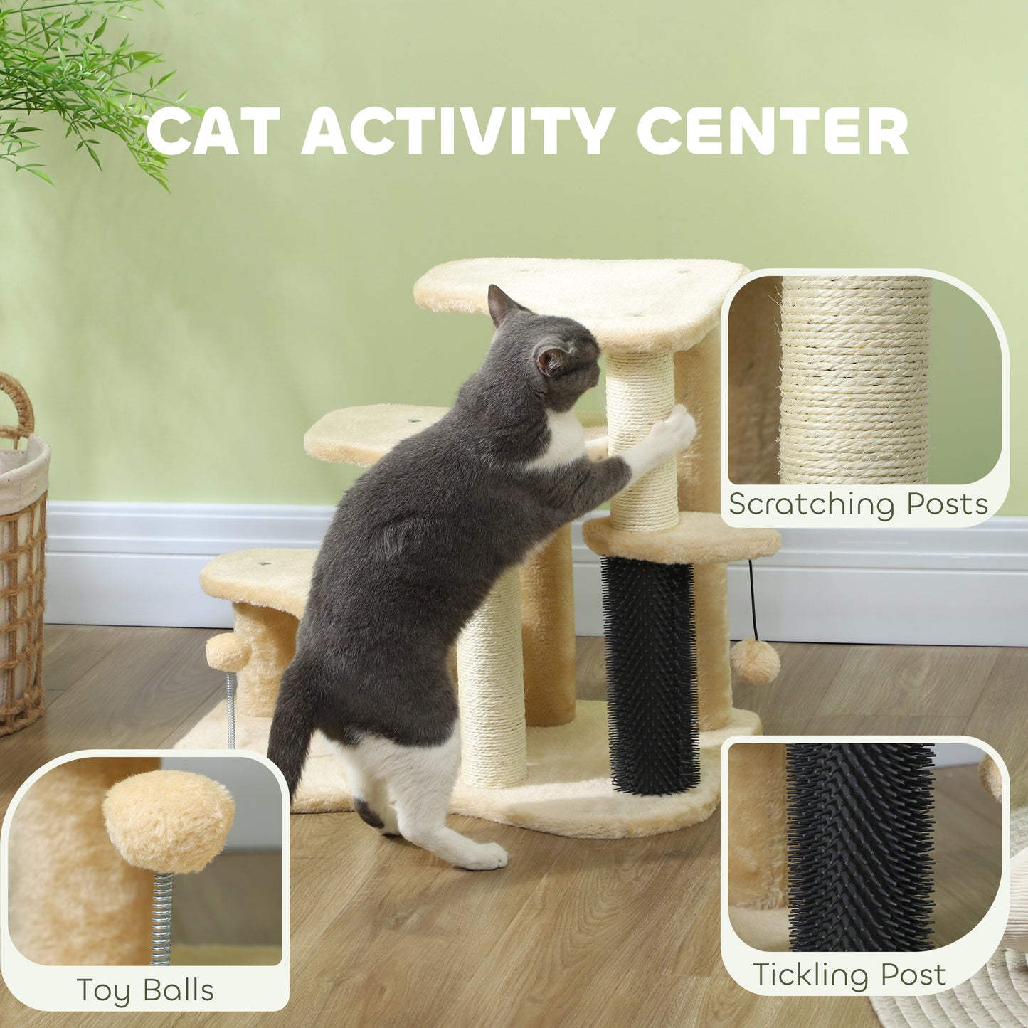 PawHut Beige 2-in-1 Cat Tree and Pet Stairs with Scratching Post and Toy Balls