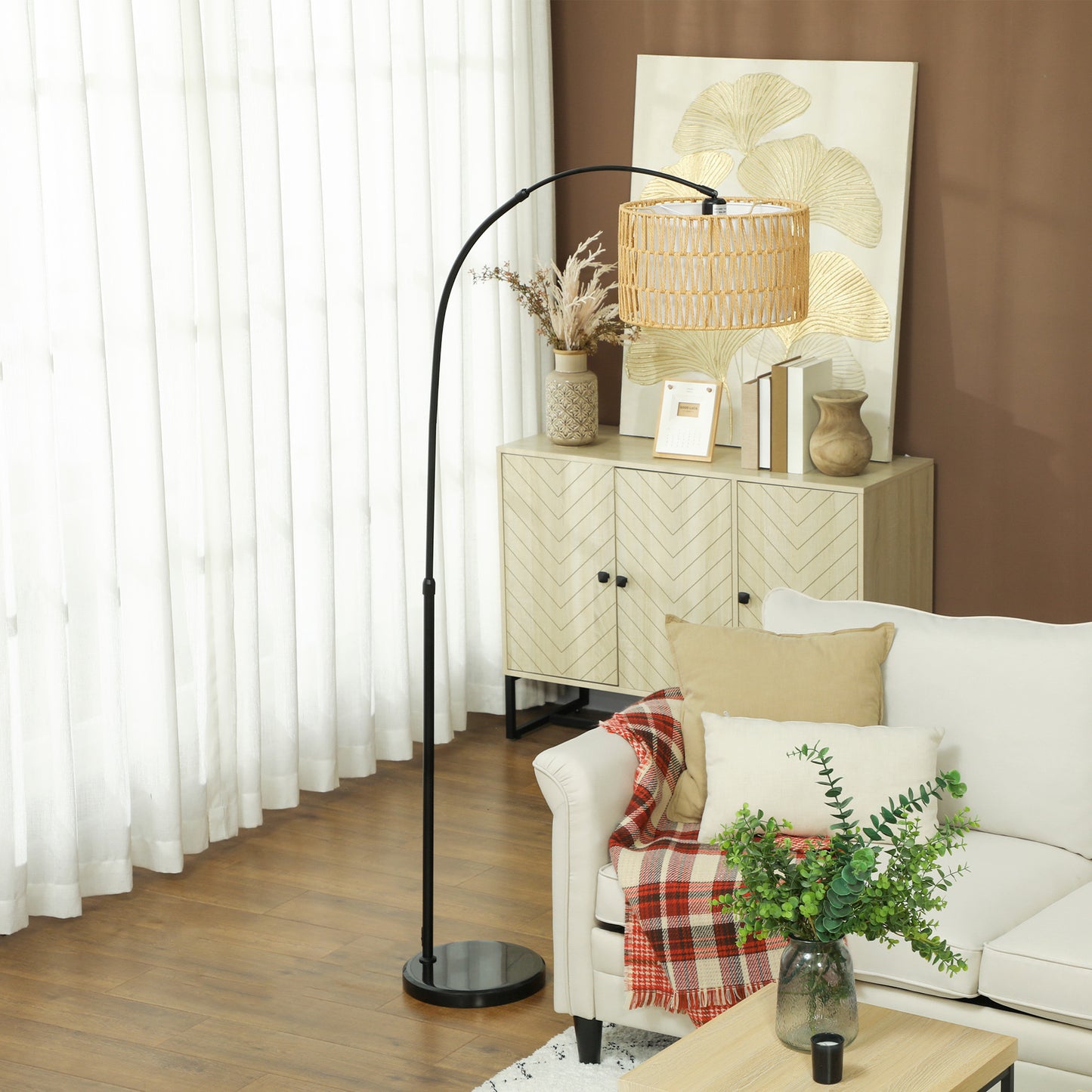 HOMCOM Rattan Floor Lamp Arc Farmhouse Standing Lamp With Dual Layer Shade Foot Switch Height Adjustable Black