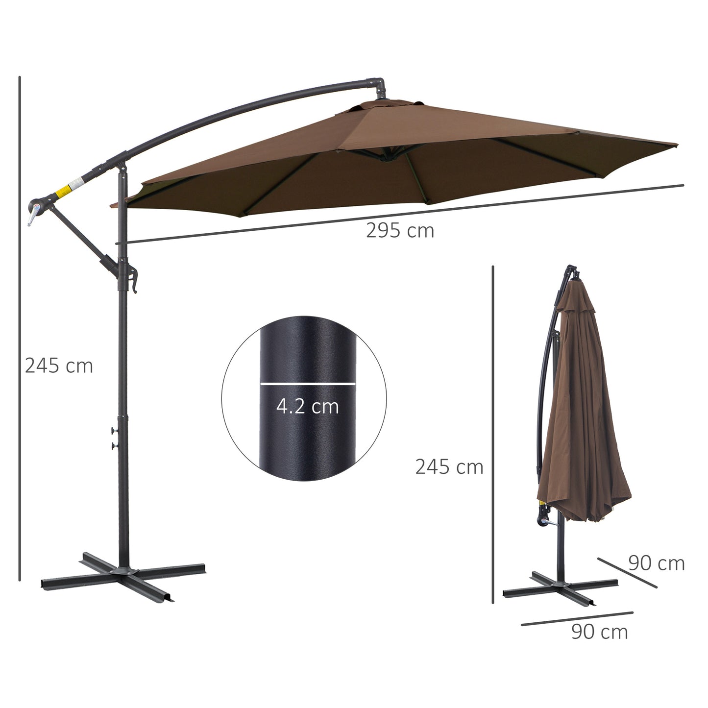 Outsunny 3M Brown Cantilever Patio Umbrella - Steel Frame Hanging Parasol for Outdoor Sunshade - ALL4U RETAILER LTD