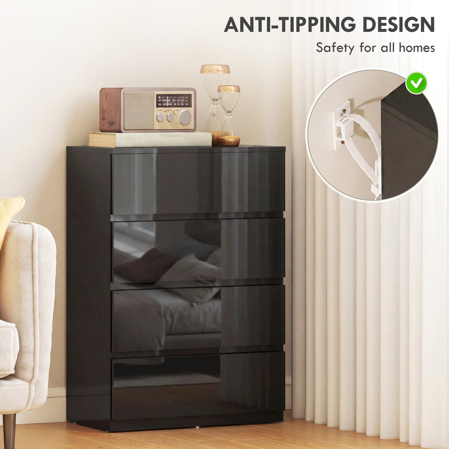 HOMCOM 4 Drawer Chest of Drawers Modern Dresser Storage Cabinet for Bedroom Organization and Clutter Control