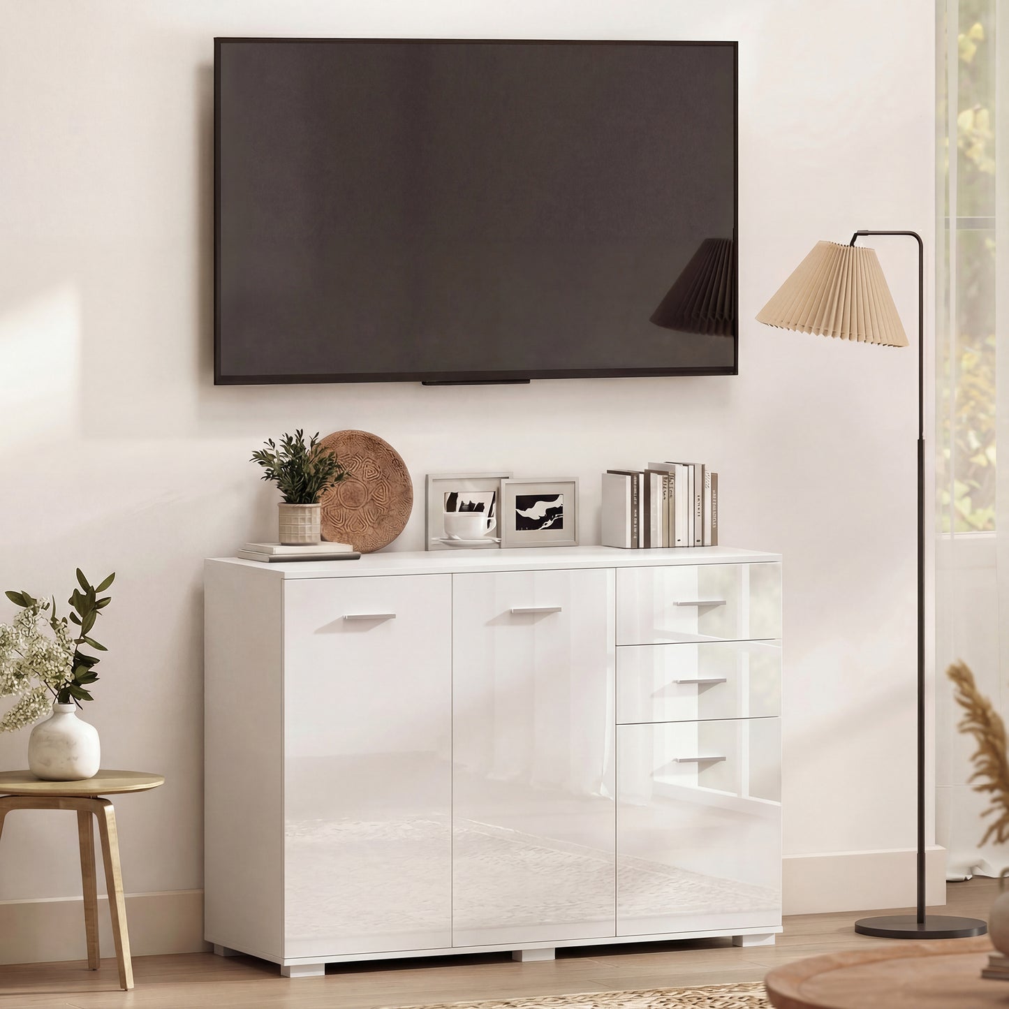 HOMCOM Sideboard Modern Storage Cabinet With Two Drawers Three Doors And Adjustable Shelves High Gloss White