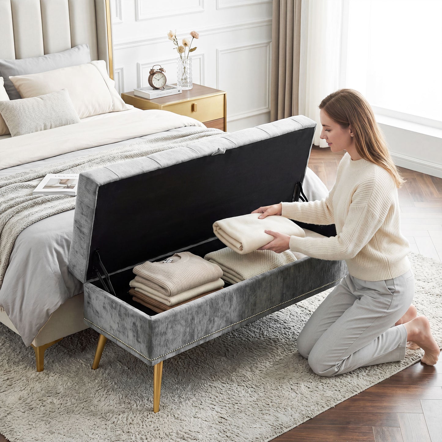HOMCOM Chenille Upholstered Storage Ottoman With Hidden Storage Padded Seat Metal Legs Grey