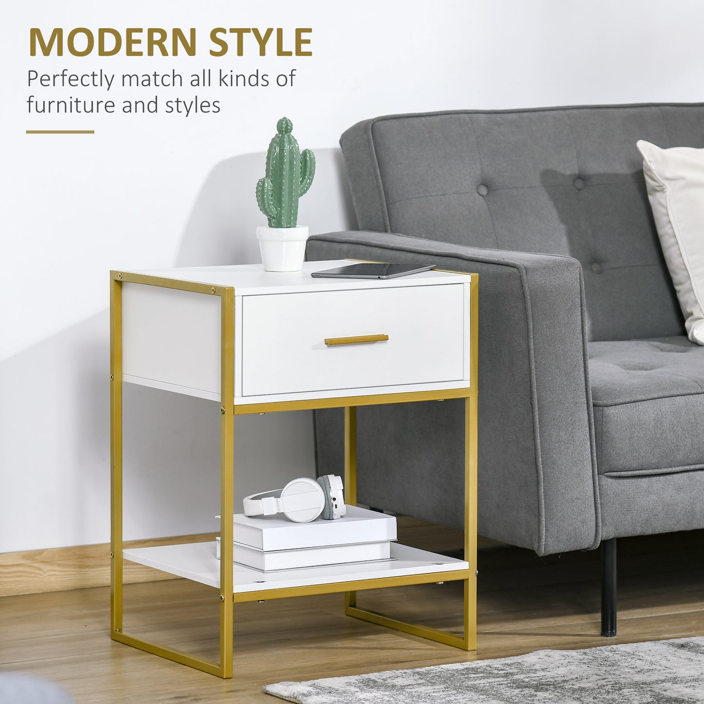 HOMCOM Bedside Table Set Of 2 Modern Nightstands With Drawer And Shelf In White For Bedroom Decor