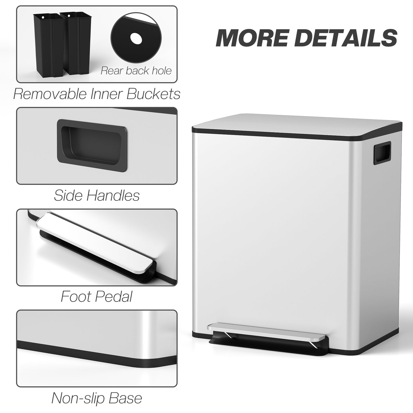 HOMCOM 50L Dual Compartment Stainless Steel Trash Bin With Deodoriser Holders Silver