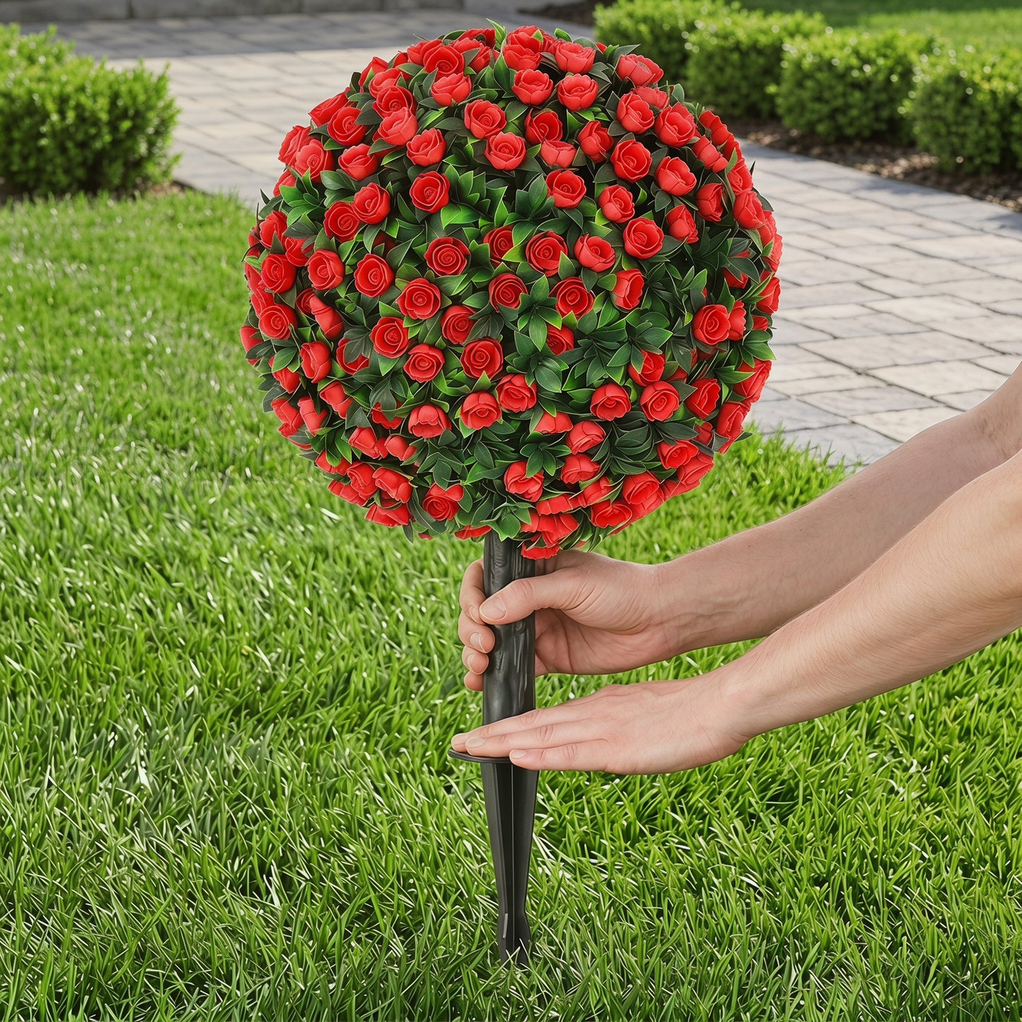 HOMCOM Artificial Rose Topiary UV Resistant Two Pack Faux Plants 55 Cm Red Outdoor Garden Decor
