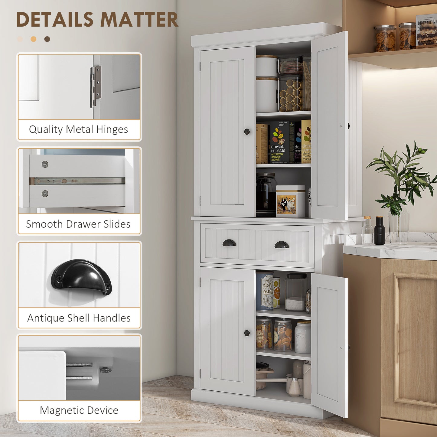 HOMCOM White Kitchen Storage Cabinet With Drawer And Adjustable Shelves Tall Pantry Organizer