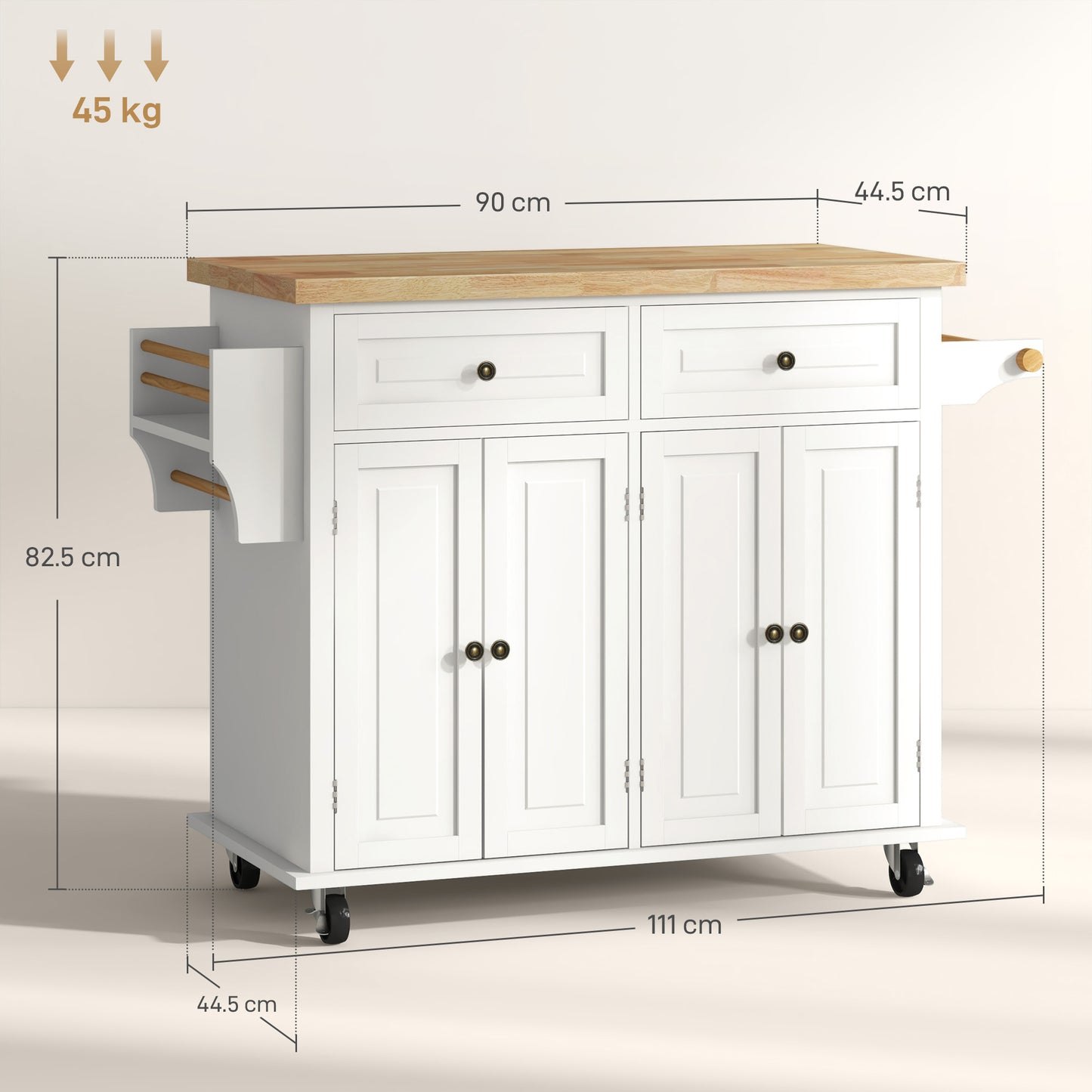 HOMCOM Rolling Kitchen Island Storage Trolley With Rubber Wood Top 2 Drawers 2 Cabinets Towel Bar Cream White