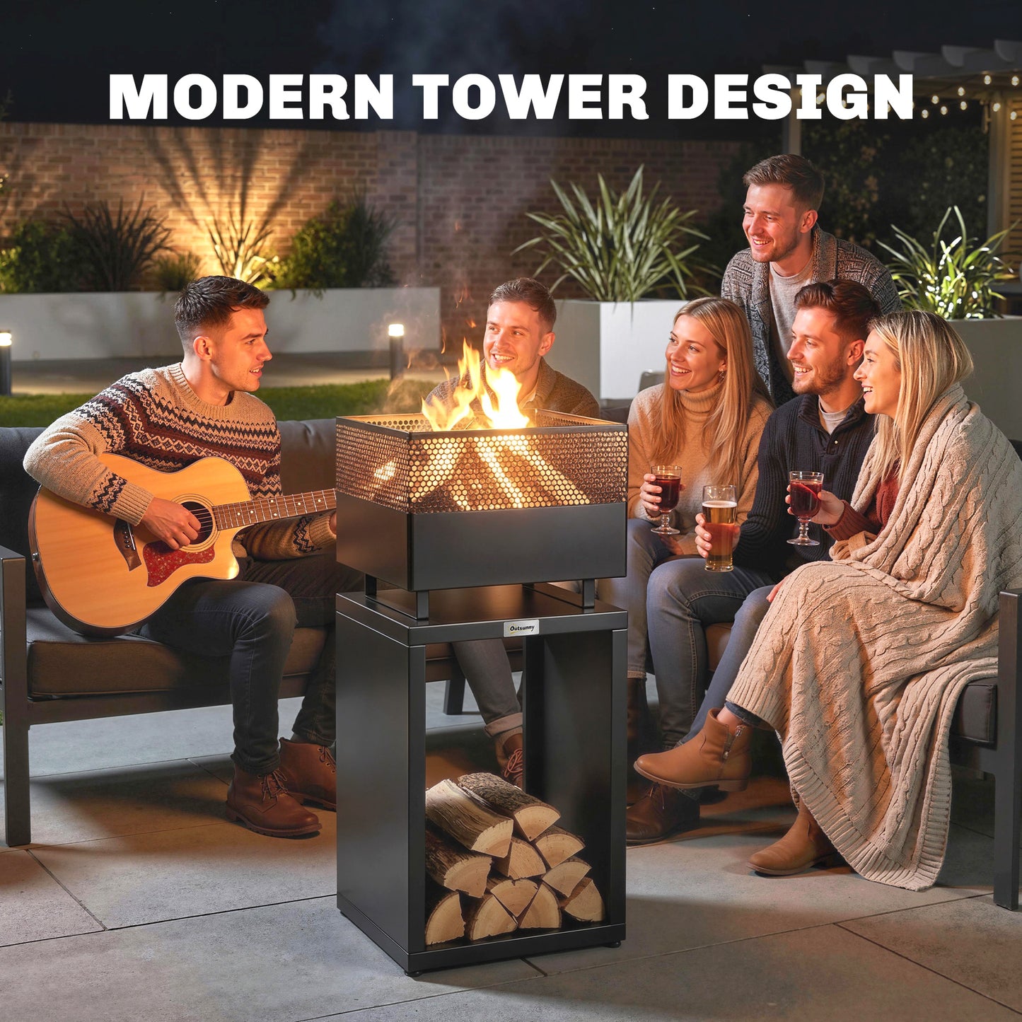 Outsunny Outdoor Fire Pit With Wood Storage 87 CM Black Heavy Gauge Metal Wood Burning With Mesh Sides
