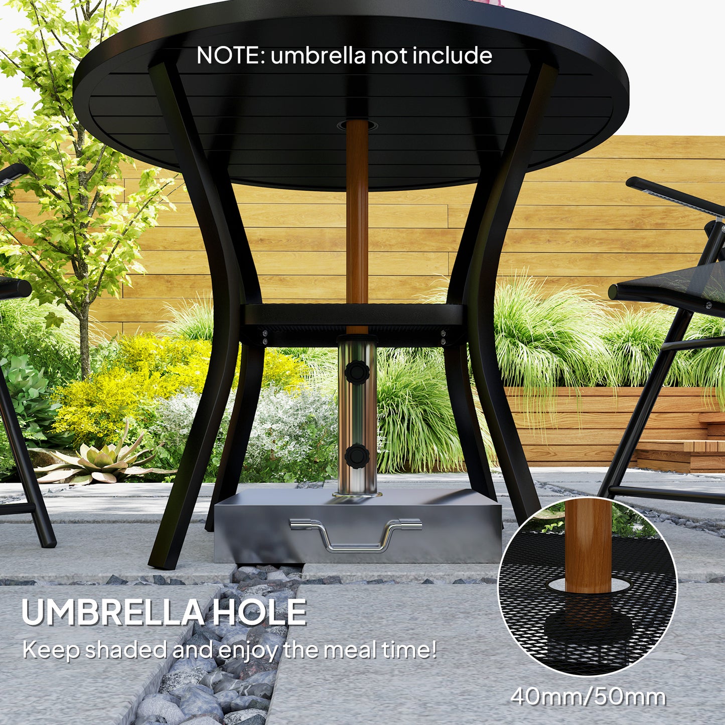 Outsunny 90 cm Round Garden Dining Table with Parasol Hole 40 to 50 mm Steel Slatted Top and Wire Shelf Black