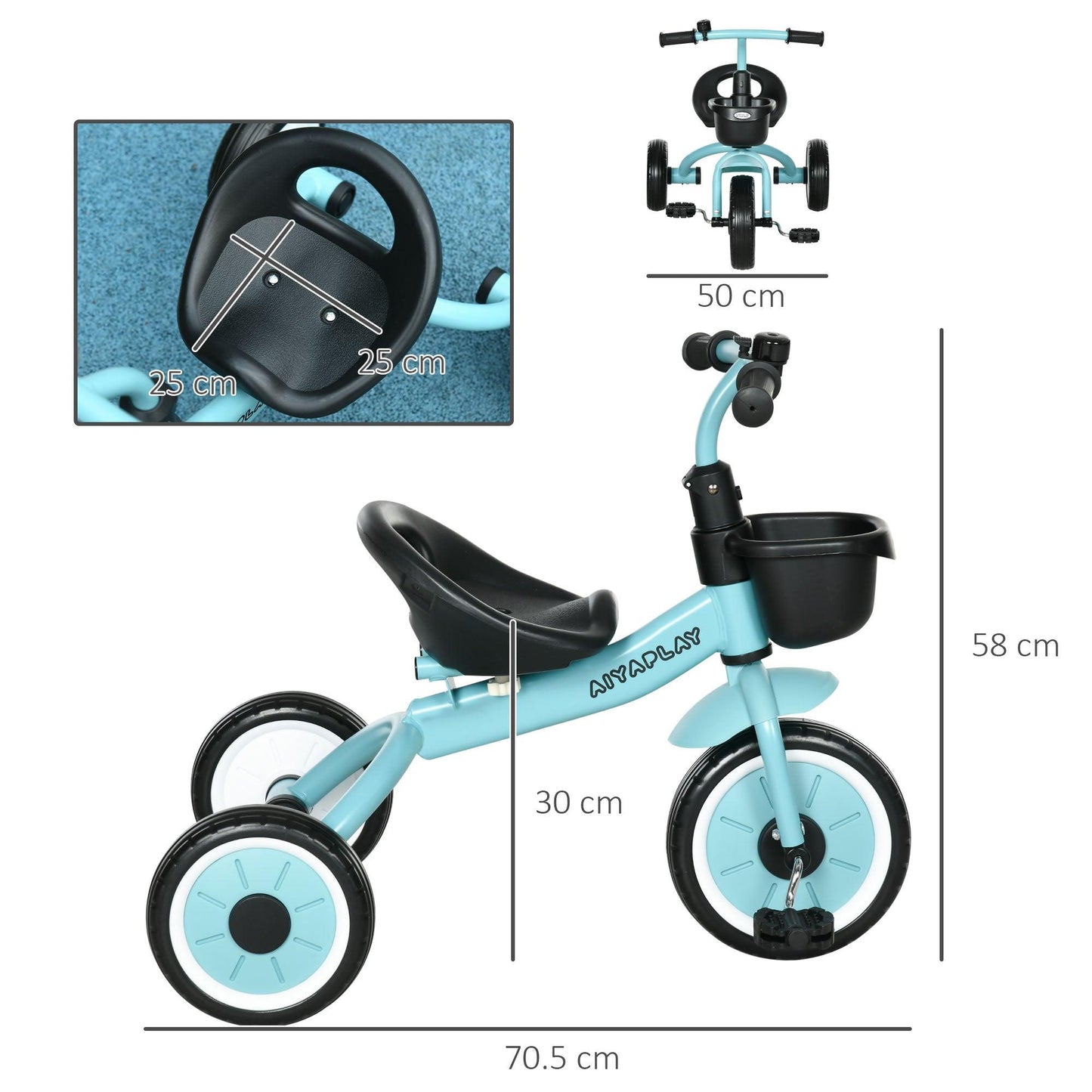 AIYAPLAY Kids Trike with Adjustable Seat, Basket, Bell - Blue - ALL4U RETAILER LTD