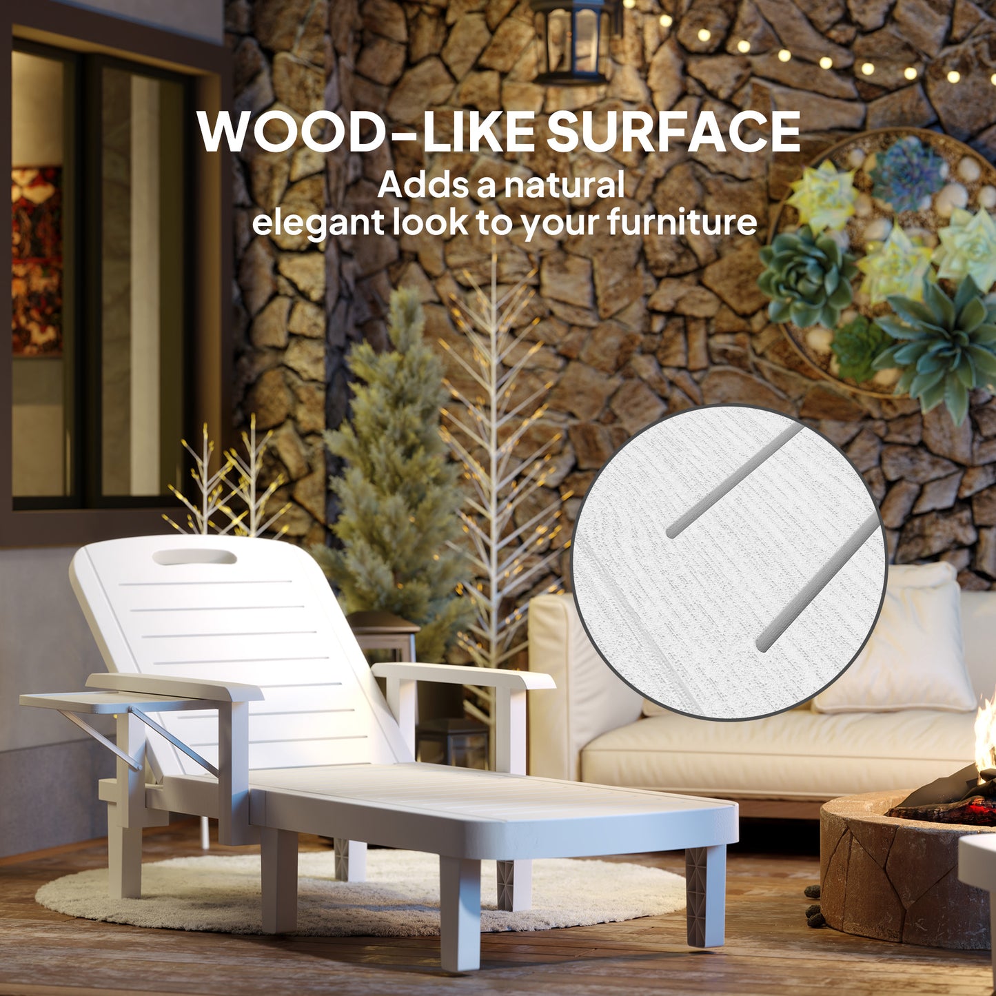 Outsunny Set Of 2 Resin Sun Loungers For Garden With Wood Grain Surface Armrests And Foldable Side Table White