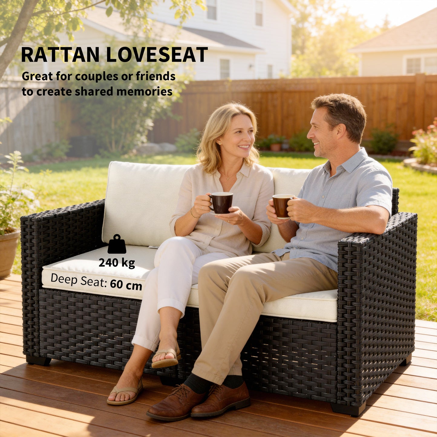 Outsunny 2 Seater Rattan Outdoor Garden Sofa With Deep Seat Cushions And Wide Armrests For Patio Balcony Porch Black