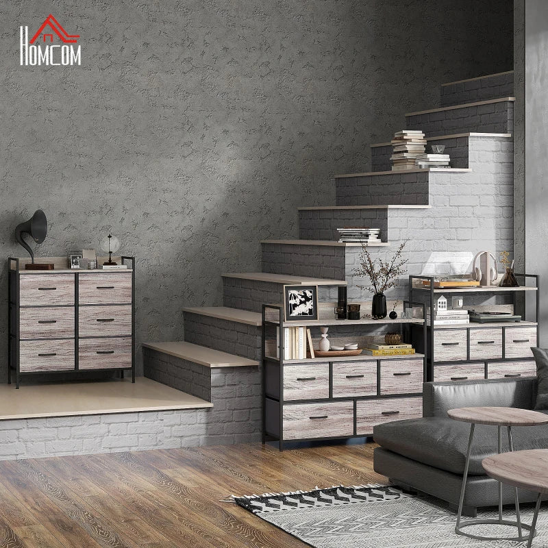 HOMCOM Rustic Grey Wood Effect Chest with Six Fabric Drawers - ALL4U RETAILER LTD