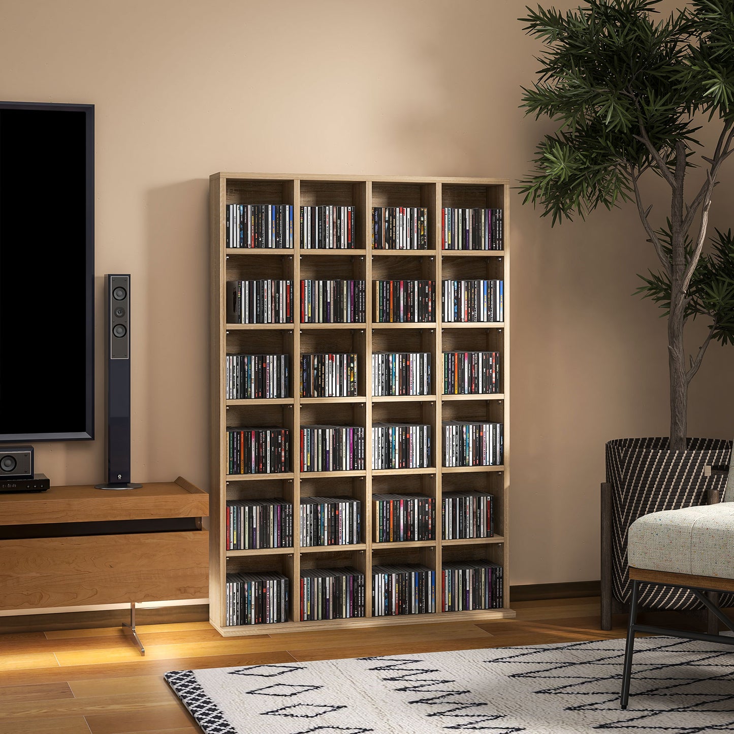 HOMCOM Modern Adjustable CD and DVD Storage Unit in Natural Wood Finish - 89 x 130.5 cm - ALL4U RETAILER LTD