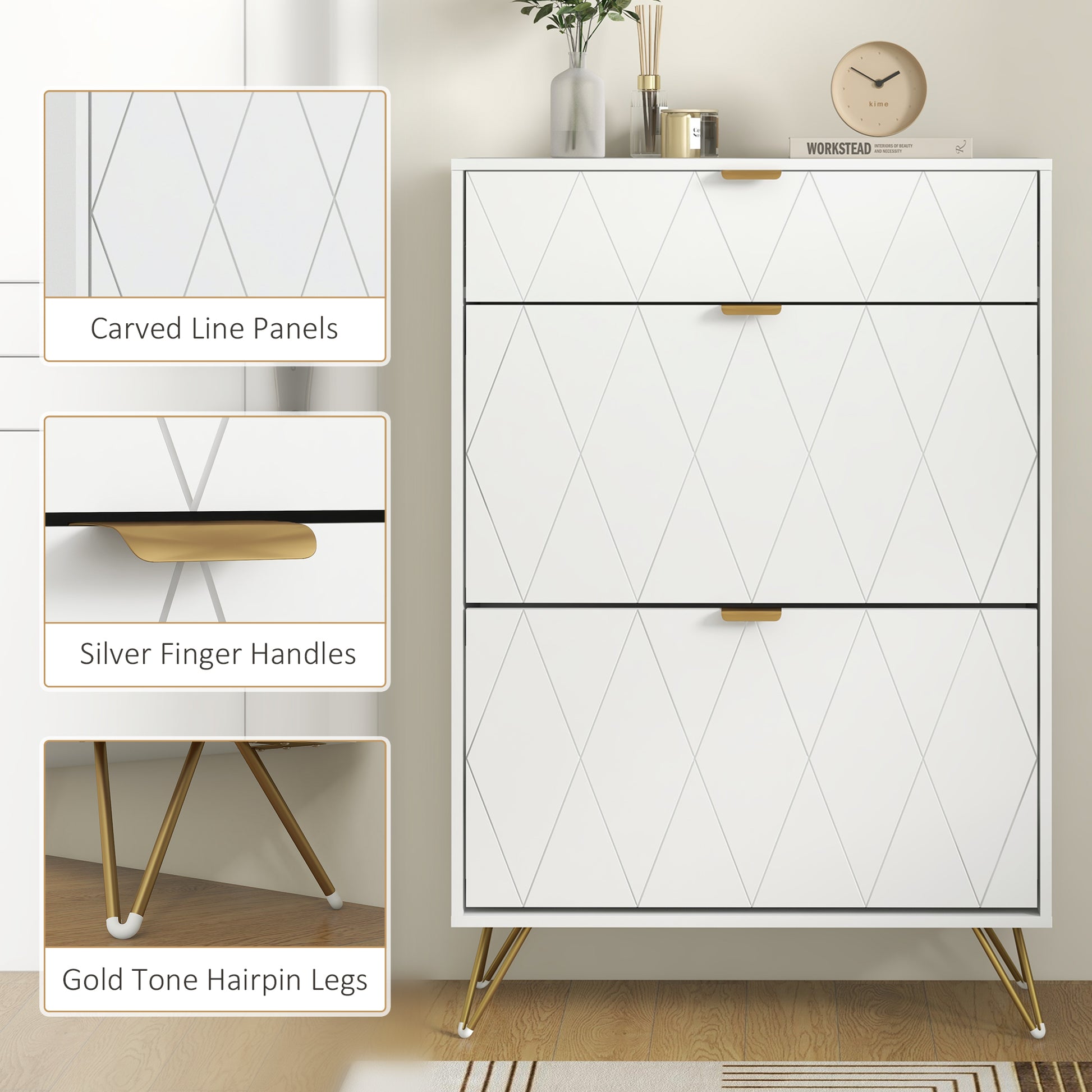 HOMCOM Slim White Shoe Storage Cabinet with Two Flip Drawers - ALL4U RETAILER LTD