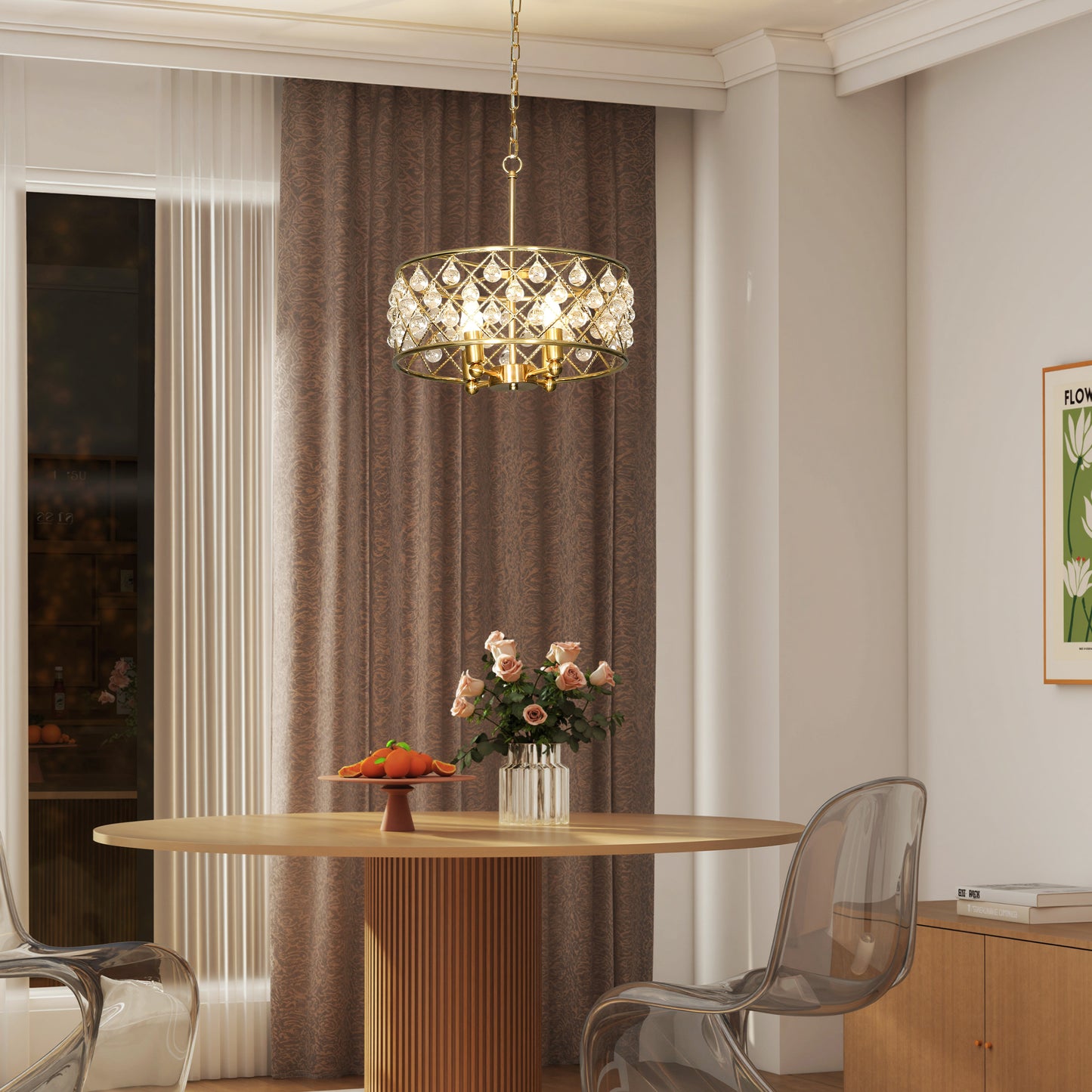 HOMCOM 51 Crystallite Four Bulb Chandelier Gold Tone With Adjustable 130 Cm Chain And Sparkling Crystal Balls