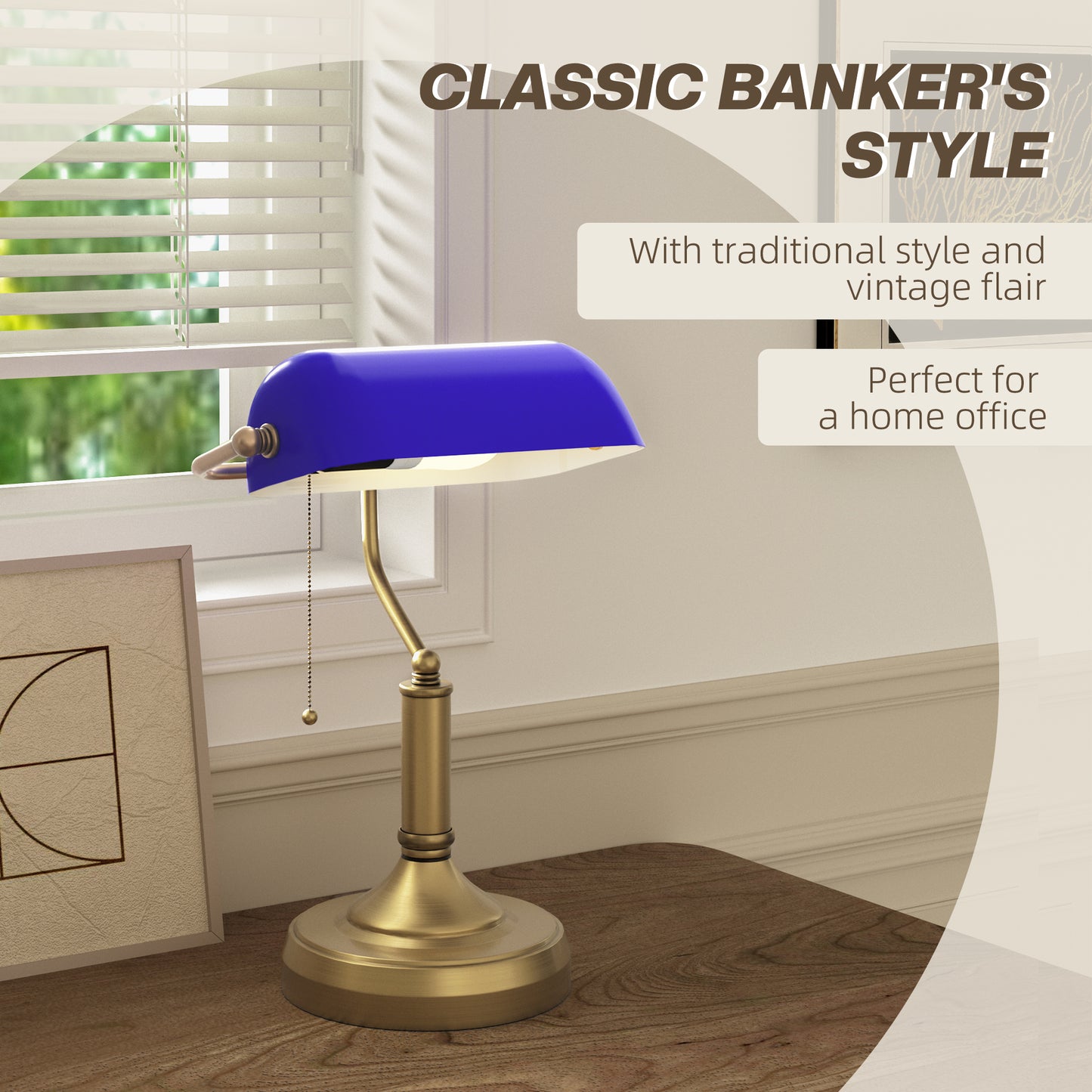 HOMCOM Vintage-Inspired Blue Glass Shade Banker's Desk Lamp with Antique Bronze Base for Home Office - ALL4U RETAILER LTD