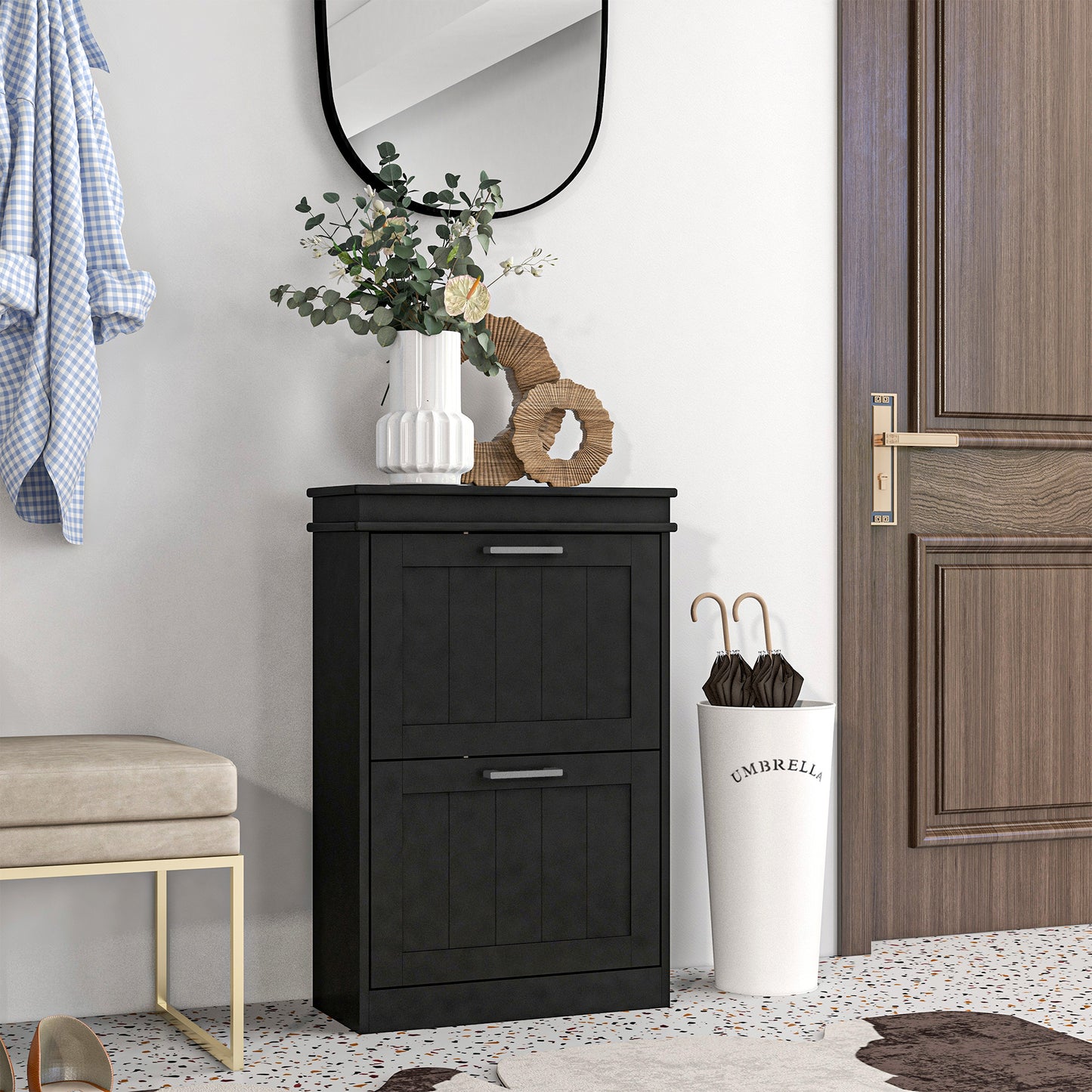 HOMCOM Two-Drawer Minimalistic 10-Shoe Cabinet For Narrow Spaces With Adjustable Shelves In Black