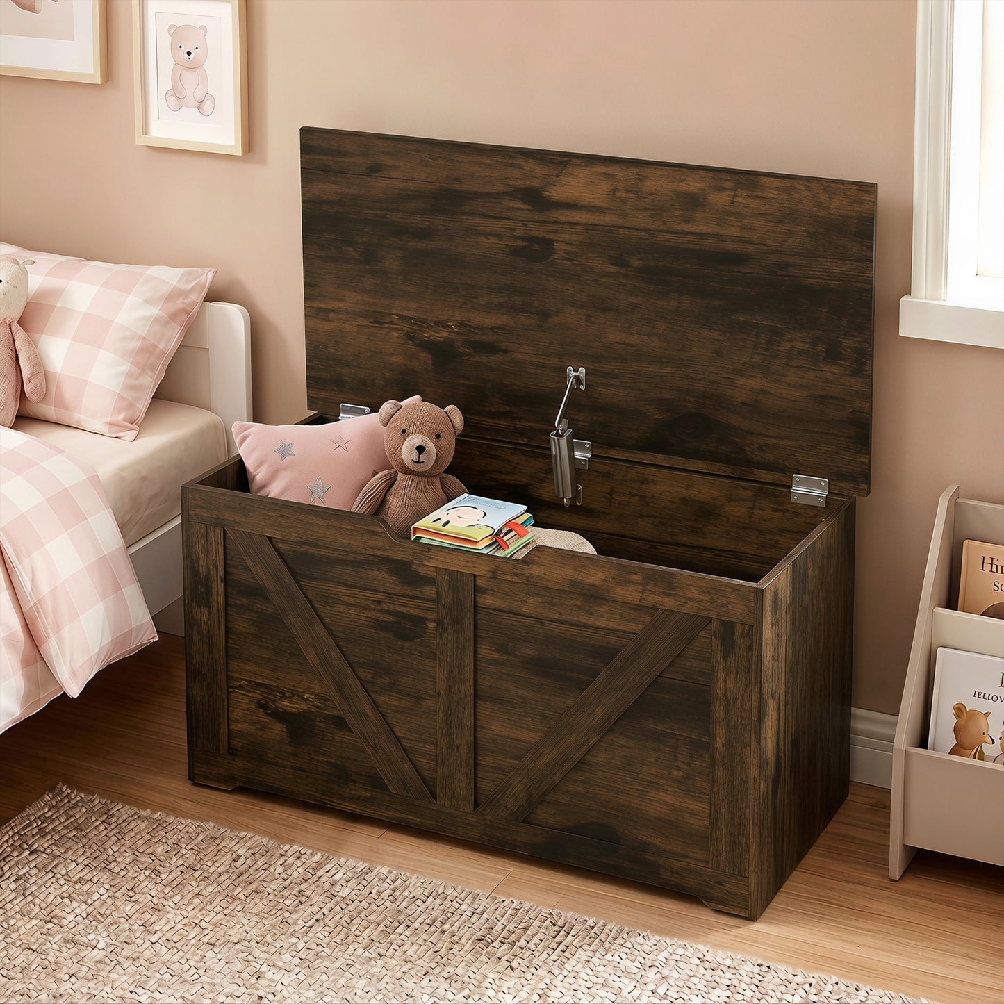 HOMCOM 100L Storage Box With Safety Hinge Rustic Brown Wood Effect Bench Trunk For Home Organization