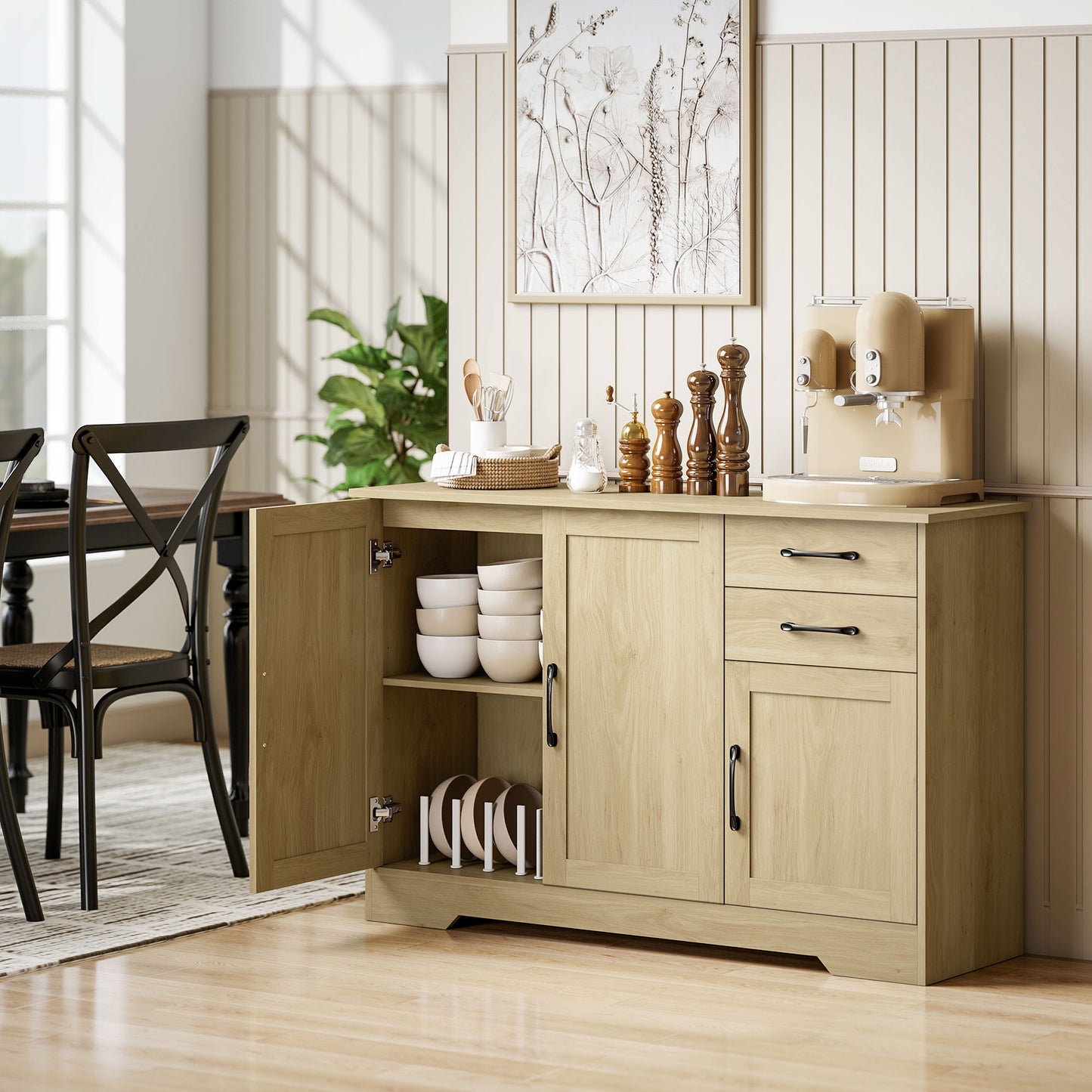 HOMCOM Sideboard With 2 Drawers And 3 Doors Modern Storage Cabinet With Adjustable Shelf Natural Finish