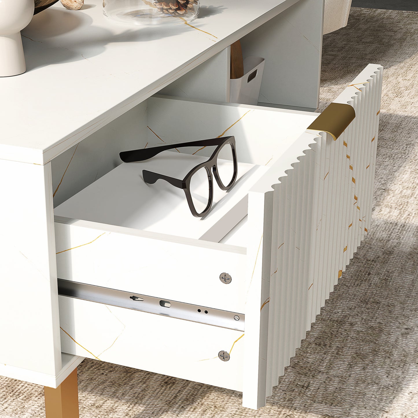 HOMCOM Marble Effect Storage Coffee Table White With Drawer And Shelves Steel Legs Modern Living Room
