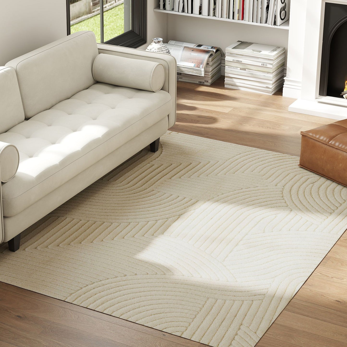 HOMCOM Modern Geometric Rug Thick Plush 15mm Foam Padding Non Slip Backing 230 x 160 Cm Cream Living Room Bedroom