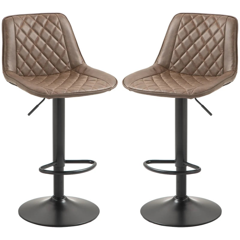 HOMCOM Set of 2 Retro Adjustable Bar Stools, Swivel PU Leather Kitchen Chairs with Backrest, Footrest, and Steel Base - Brown - ALL4U RETAILER LTD