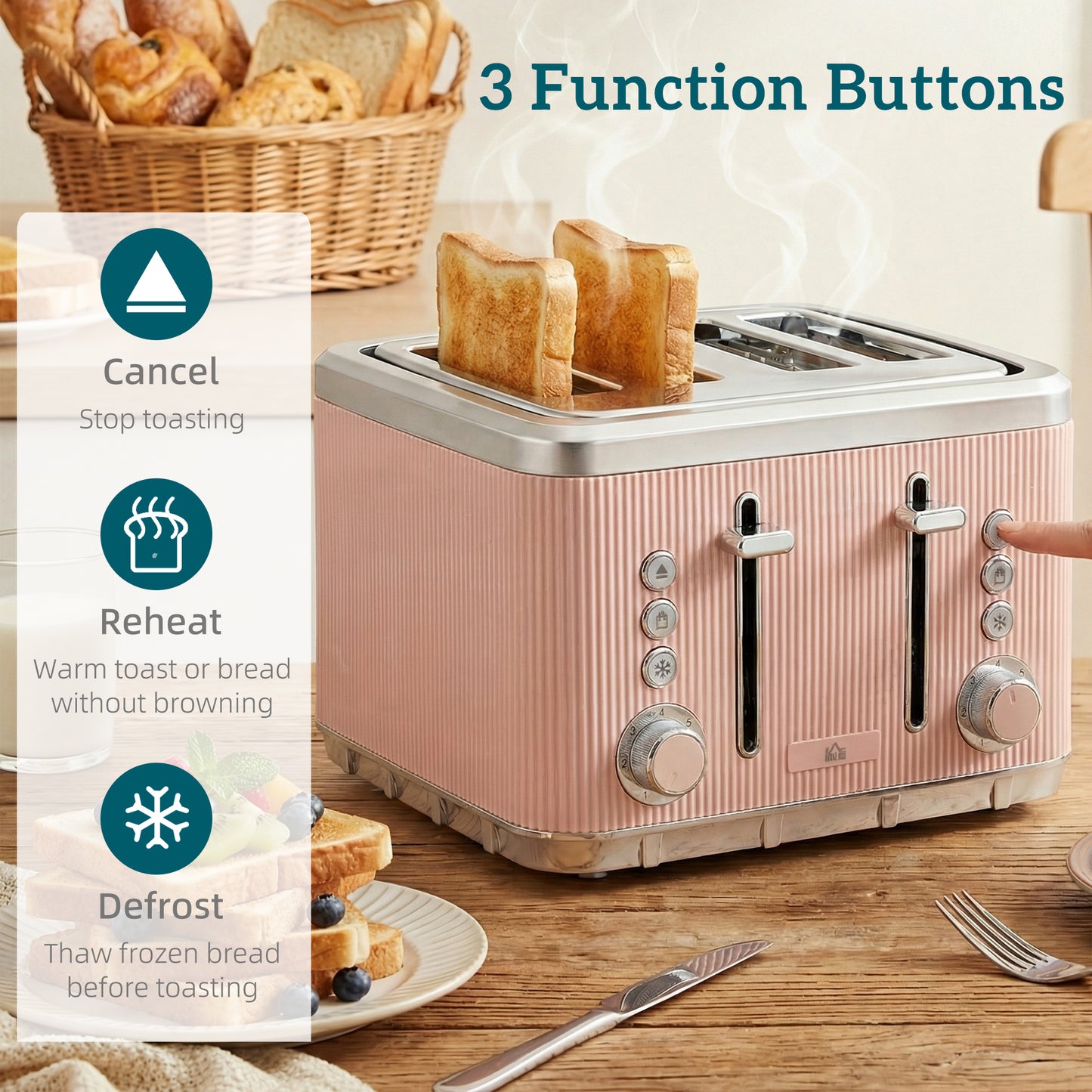 HOMCOM Electric Kettle And Four Slice Toaster Set 3000W 1.7L Pink UK Strix Thermostat Auto Shut Off