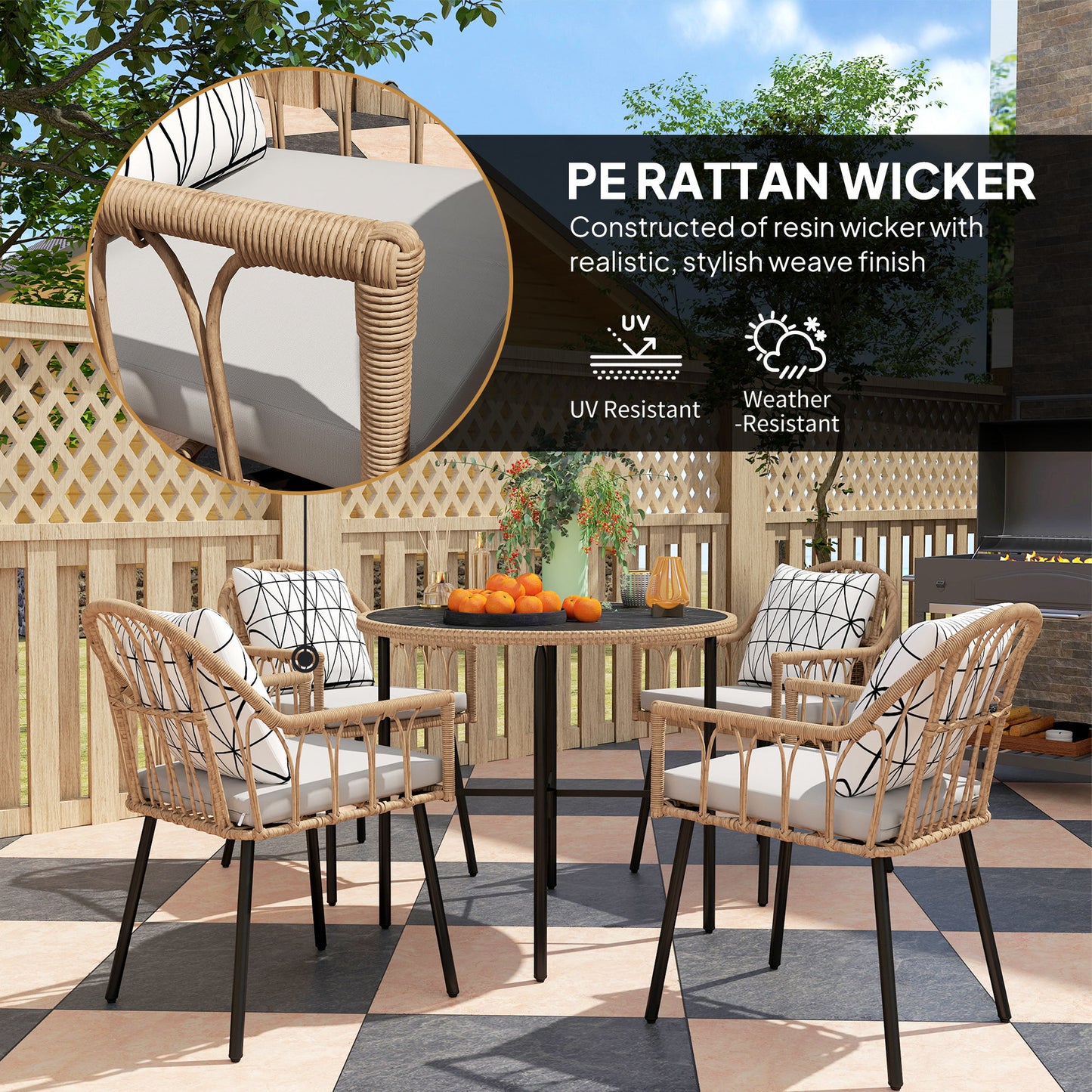 Outsunny 5 Piece Patio Rattan Dining Set With Removable Cushions Round Tempered Glass Tabletop Parasol Hole Light Brown