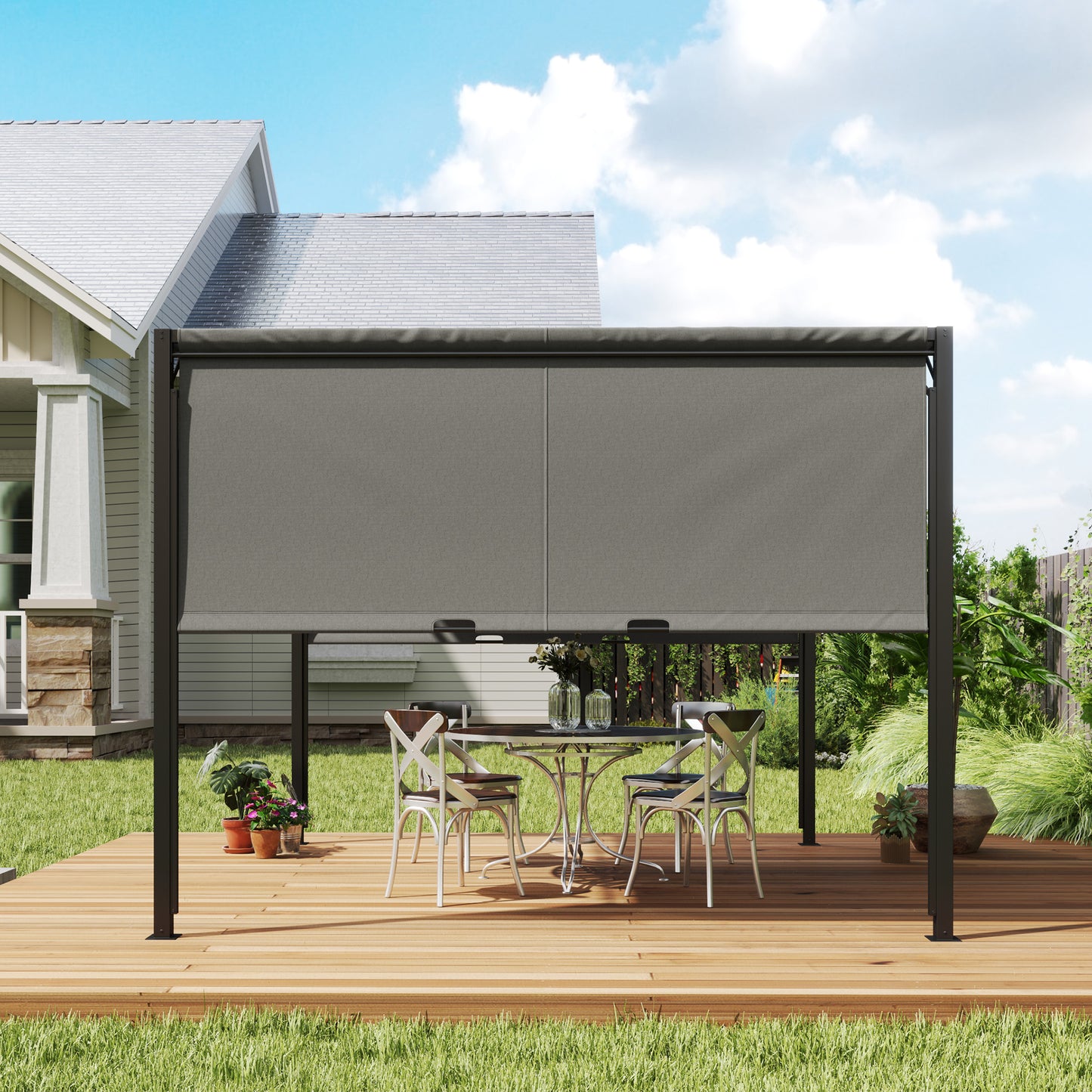 Outsunny 3x3m Pergola With Sliding Roof Garden Gazebo Steel Frame Charcoal Grey Canopy