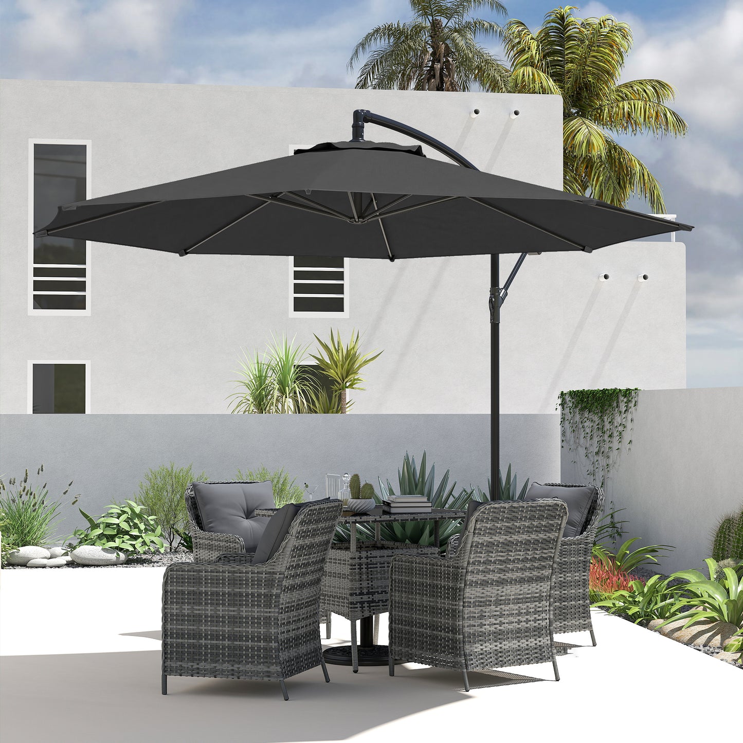 Outsunny 3 Meter Overhanging Cantilever Parasol With Cross Base Black Outdoor Garden Umbrella UV Resistant