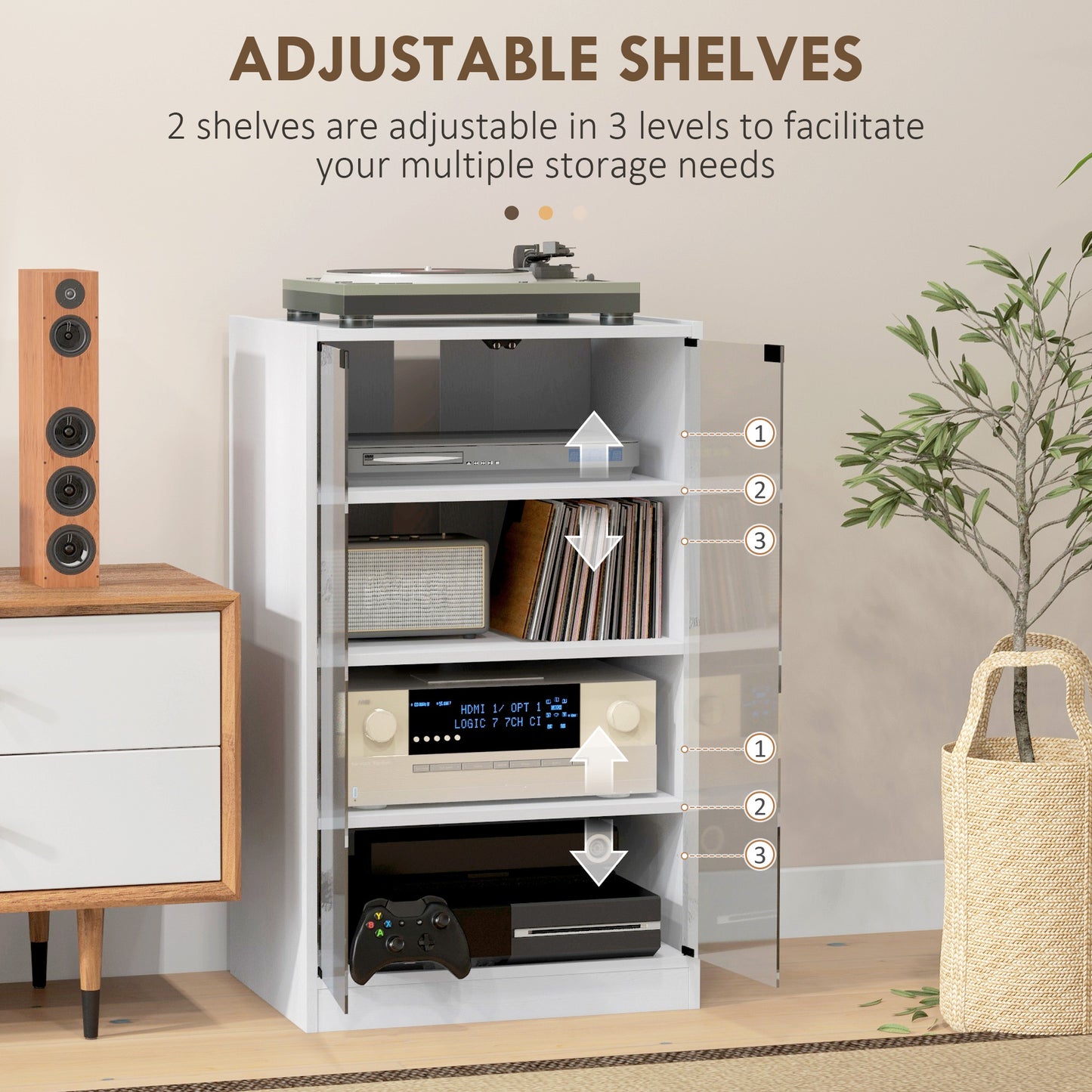HOMCOM Four Tier Hi Fi Stand Record Player Stand With Adjustable Shelves And Push To Open Glass Doors White Wood Effect