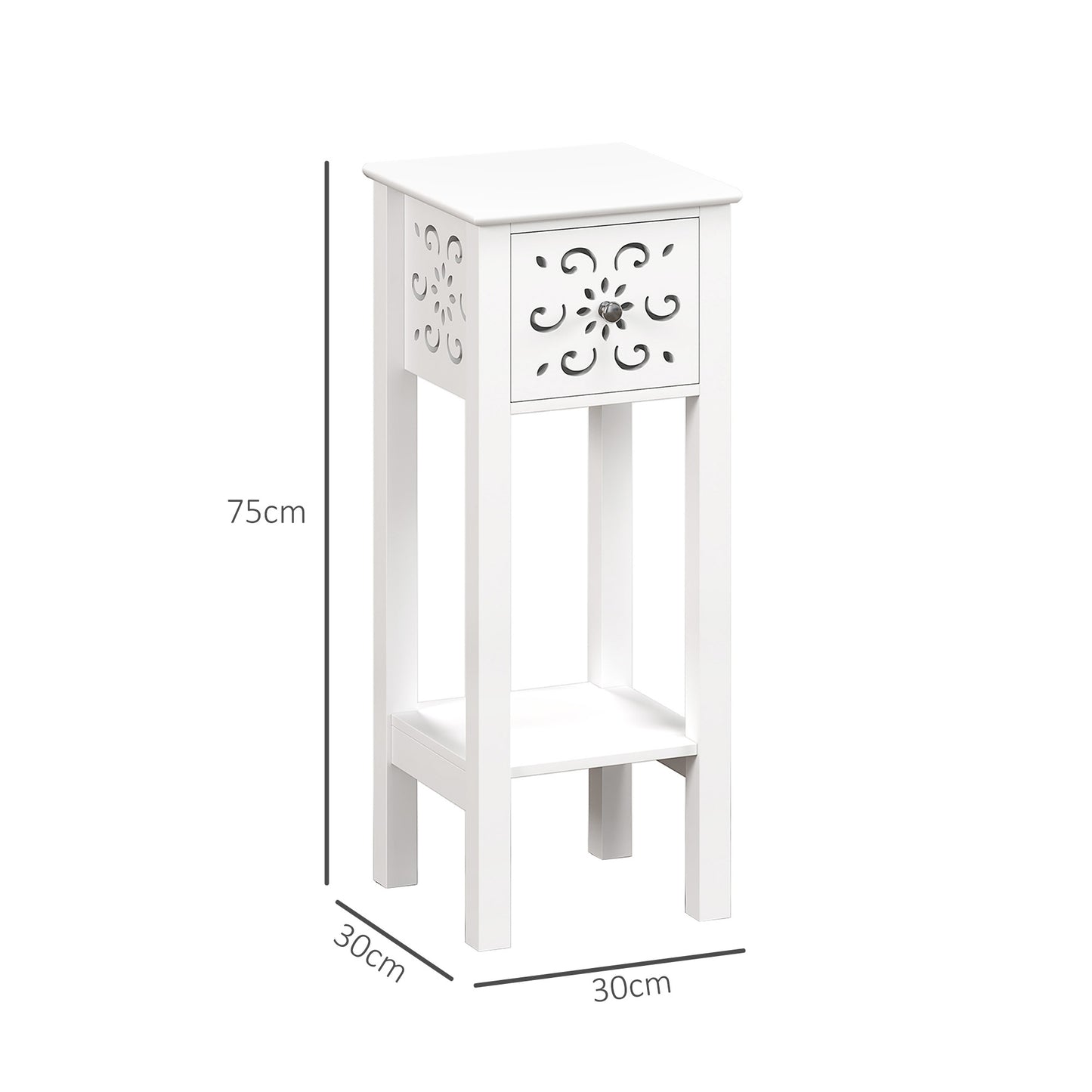 HOMCOM Set of Two Elegant Floral Cutout Side Tables in White with Drawers and Shelves
