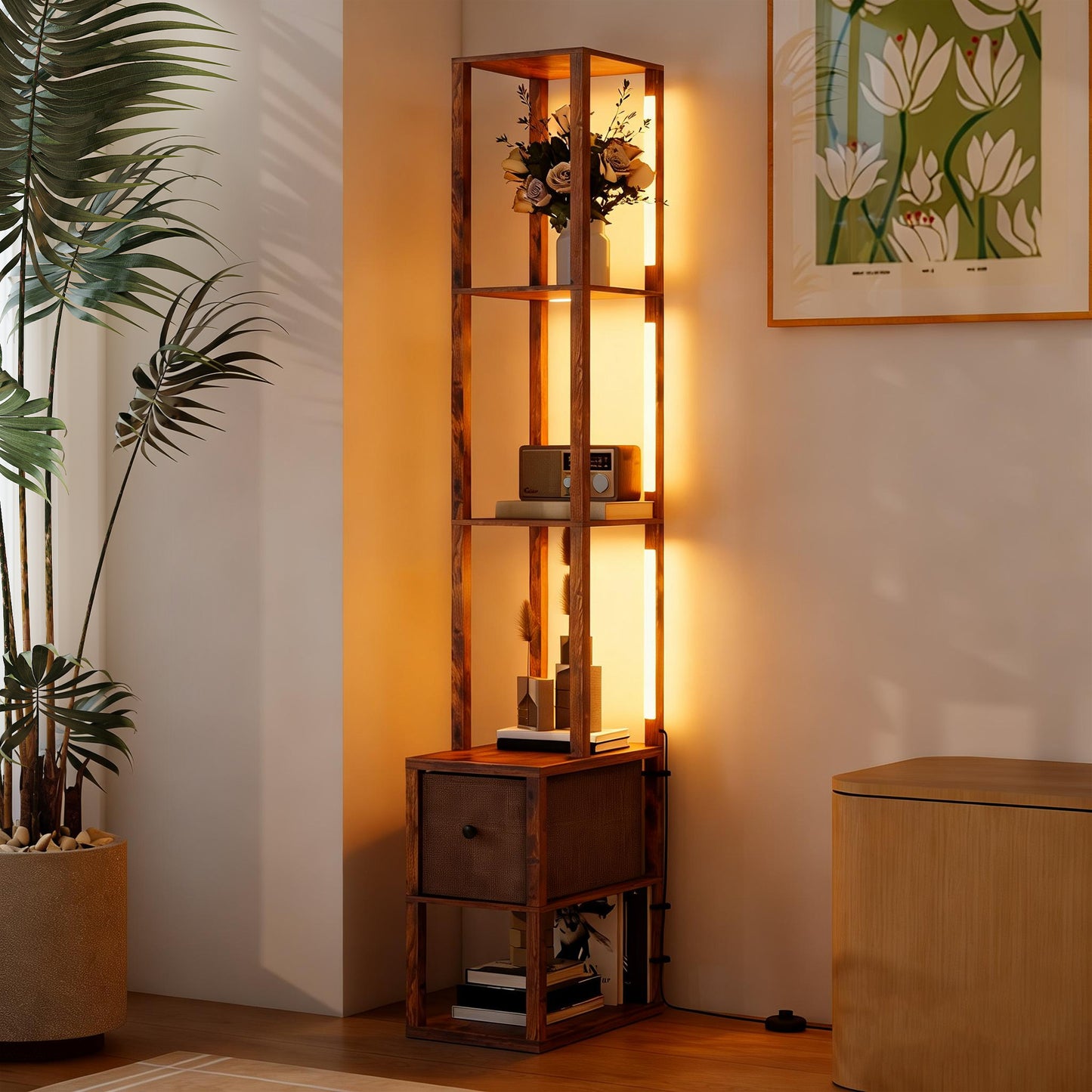 HOMCOM Floor Lamp With Shelves LED Column Standing Fabric Drawer Adjustable Brightness Foot Switch Rustic Brown