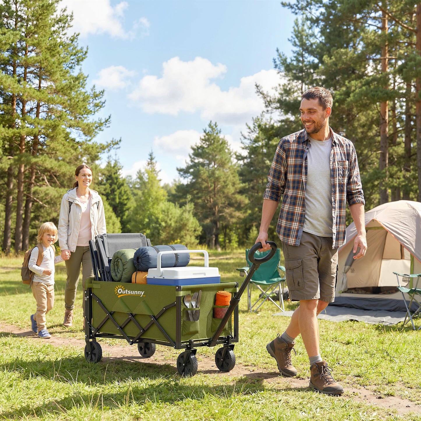Outsunny 80L Foldable Festival Trolley On Wheels Collapsible Wagon Cart With Drop Down Tailgate Adjustable Handle Green